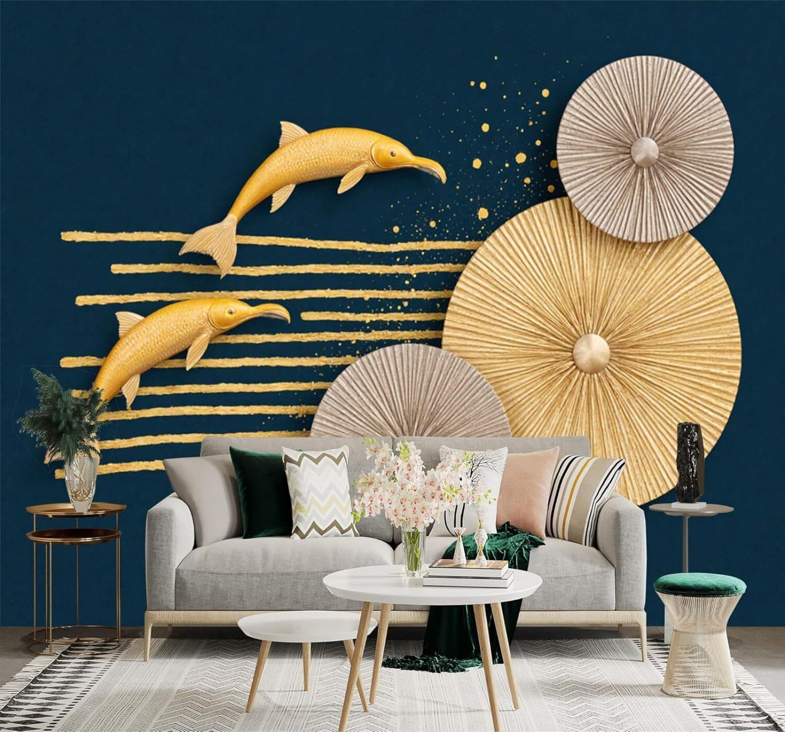 Xlming 350Cm×256Cm(B×H) Abstract Geometric Circular Patterns Blue Background Goldfish 3D Wallpaper Silky Texture Home Study Office Grey Dining Room Sofa Bedroom Living Room Tv Backdrop-350Cm×256Cm