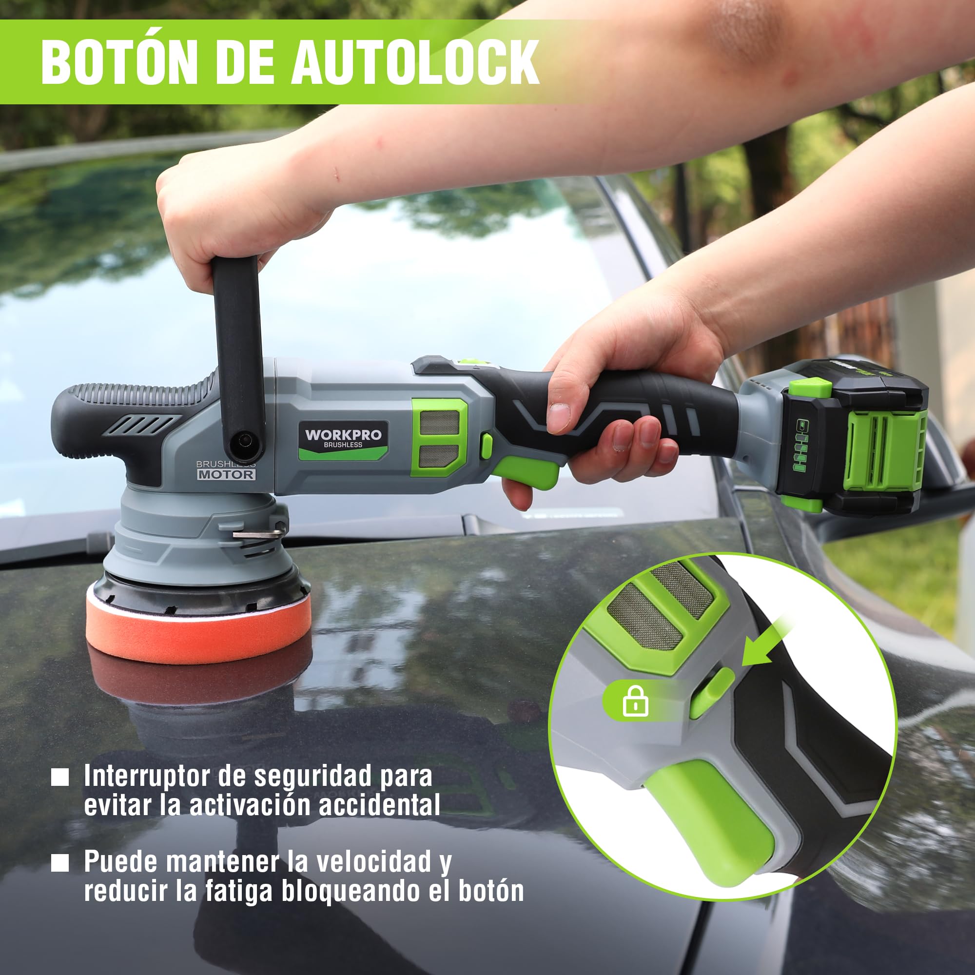WORKPRO 20V Pulidora Coche Sin Escobillas, Pilidora Orbital Inalámbrica de Acción Doble, 7 Velocidades (2000-5000RPM), Mango D Desmontable, con Bolsa, para Pulido de Coche, Suelo, Baldosa, Mueble