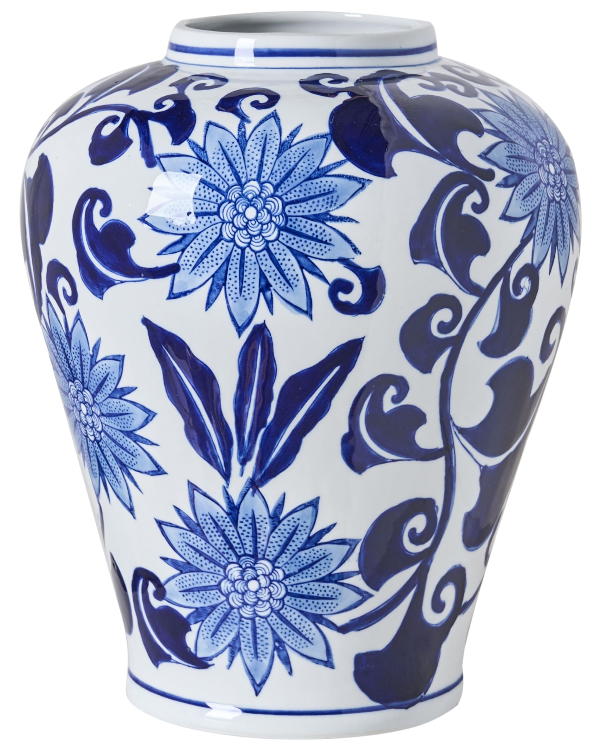 Blumenvase groß rund Porzellan weiß/blau handgemacht 35 cm hoch Girona