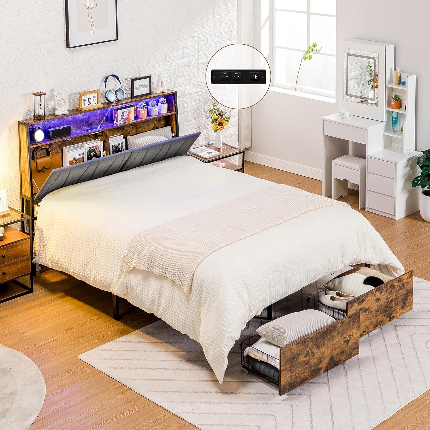 MISSING PARTS Full Size Bed Frame, Upholstered Bed Frame with 2 Storage Drawers, Power Outlets, 2-Tier Storage Headboard and LED, Strong Support, No Box Spring Needed Vintage Brown and Grey Full