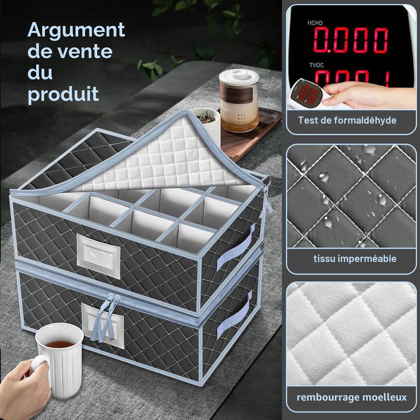 Lot de 2 boîtes de rangement empilables pour tasses et tasses à café avec séparateurs - Capacité : 24 verres