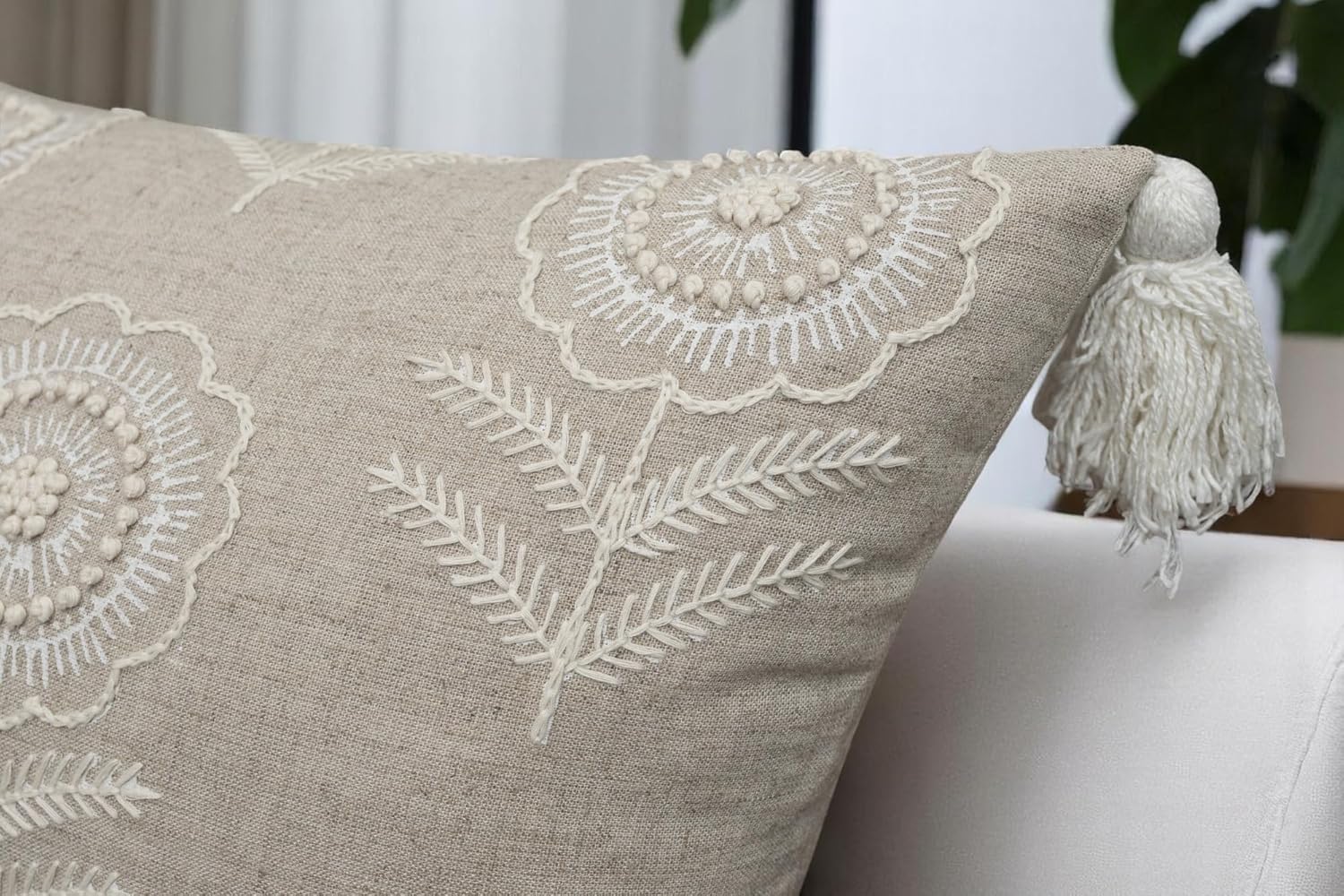 Rudransha Hand Embroidered Pillow Cover 14x24 Inch Natural Linen - Trina Floral