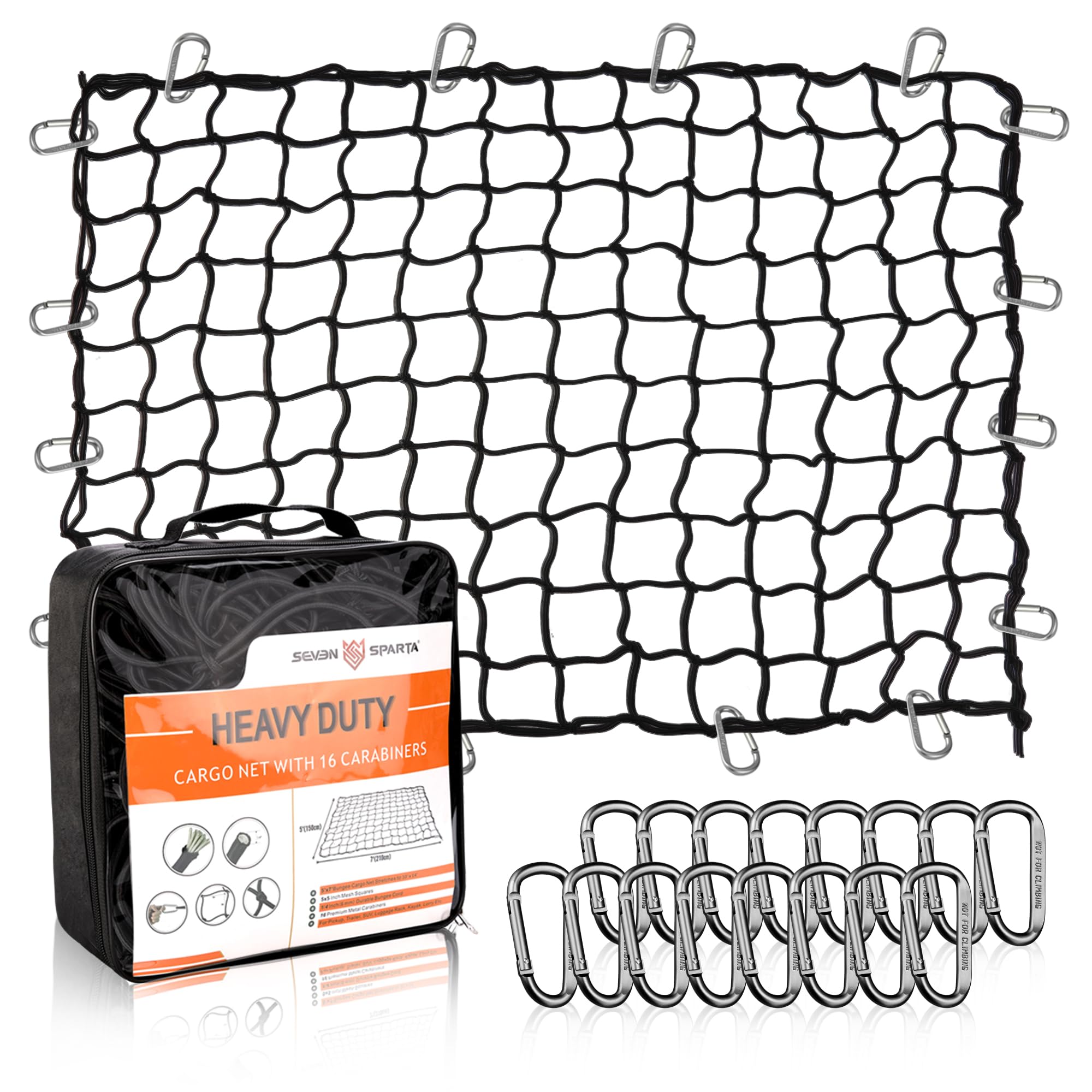 Seven Sparta 5’ x 7’ Bungee Cargo Net Stretches to 10' x 14' for Truck Bed, Pickup Bed, Trailer, Trunk, SUV with 16 Bonus D Clip Carabiners Car Organizer Net for Large Loads (Black, 5'x7')