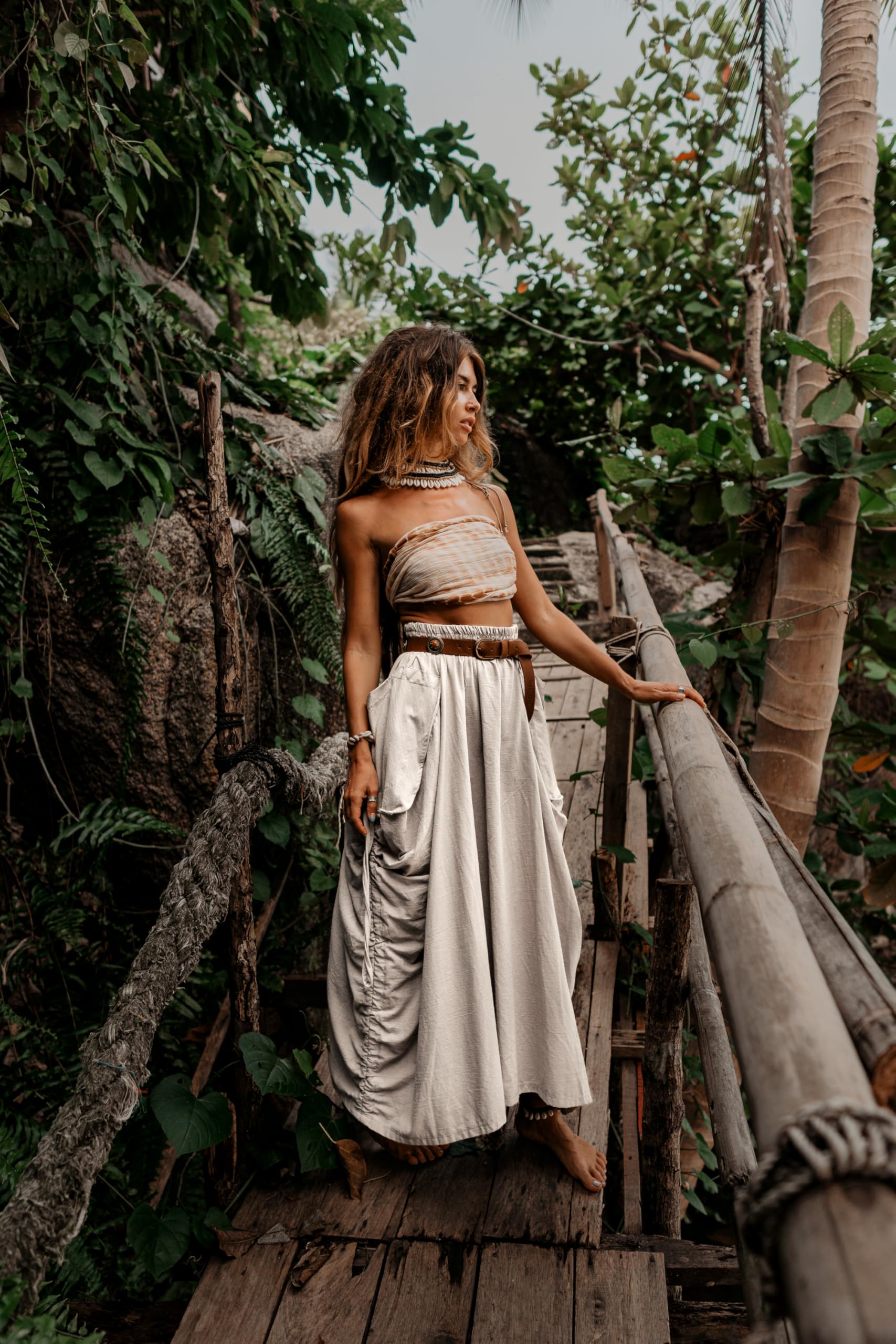 Thaluta Boho Hippie-Zigeuner-Rock für Damen, Maxirock aus Bio-Baumwolle, mit Taschen