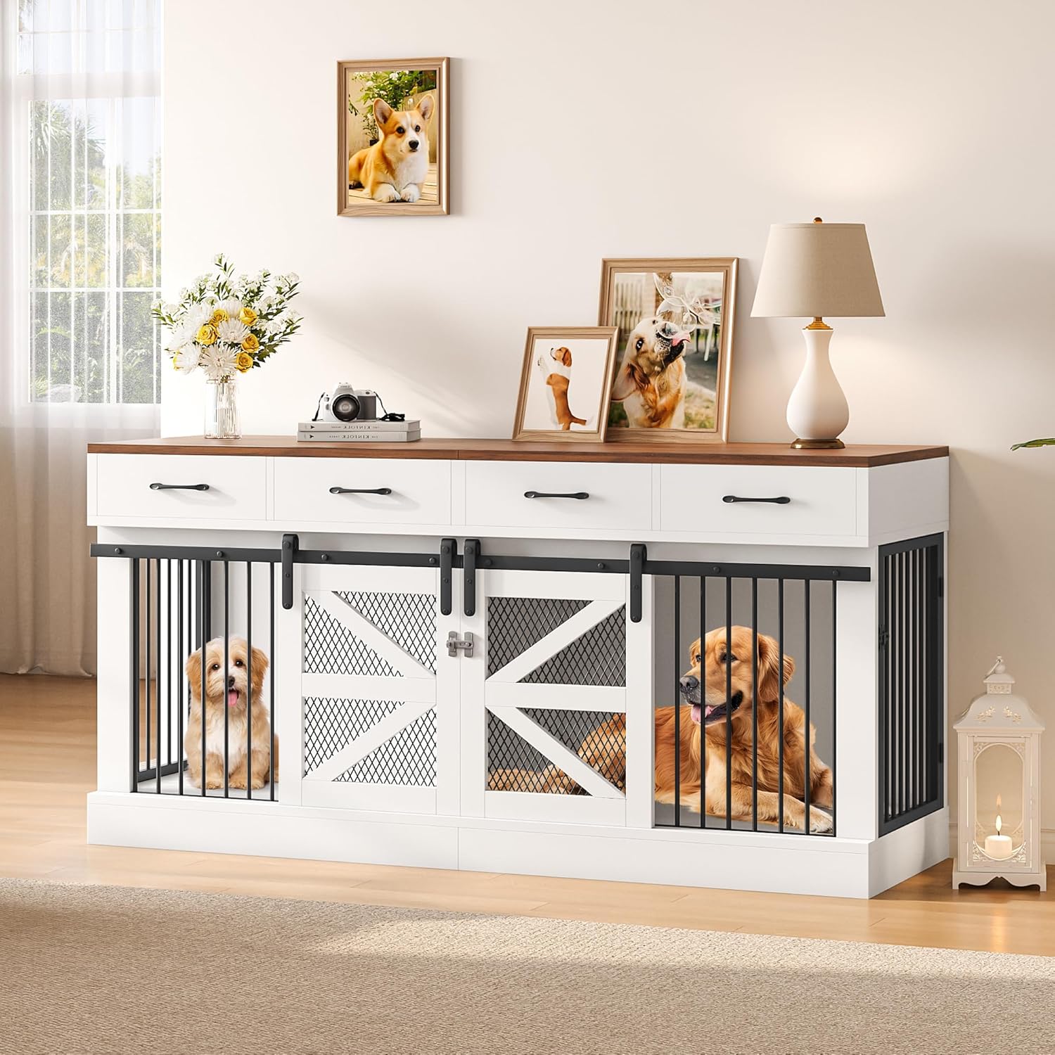 Extra Large Dog Crate Furniture for 2 Dogs, 71'' Dog Kennel Indoor with Removable Divider and 4 Storage Drawers, Sturdy Wooden Dog Crate TV Stand with 4 Doors for Large Medium Small Dogs