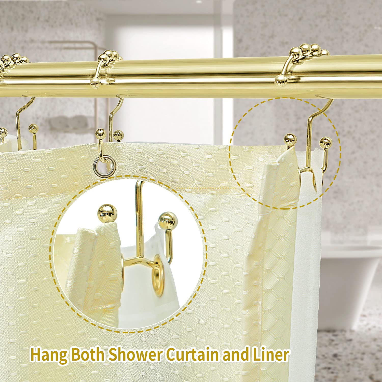 TOPROD Shower Curtain Hooks Rings, Double Sided Shower Curtain Hooks, Stainless Steel Shower Hooks Rust Proof for Bathroom Shower Curtain Rod Curtains, Free Gliding, Gold, Set of 12