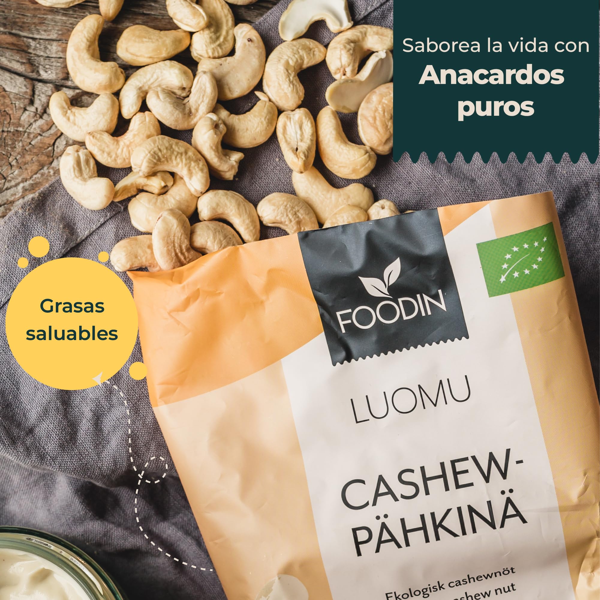 FOODIN Anacardos Orgánicos – Frutos Secos Naturales, Crudos, Sin Sal, Sin Gluten, Veganos – Fuente de Proteína y Grasas Saludables – Anacardos Enteros Ecológicos para una Alimentación Sana, (2x500g)