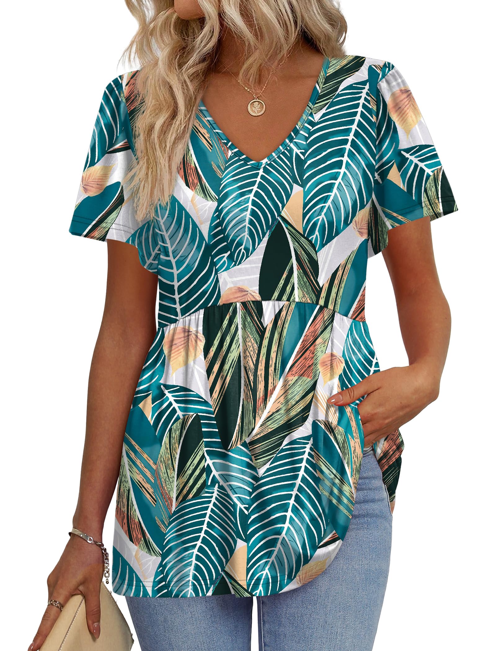 OFEEFAN Womens Summer Tops Babydoll Short Sleeve Shirts Puff Sleeve Peplum Tops V Neck T Shirts