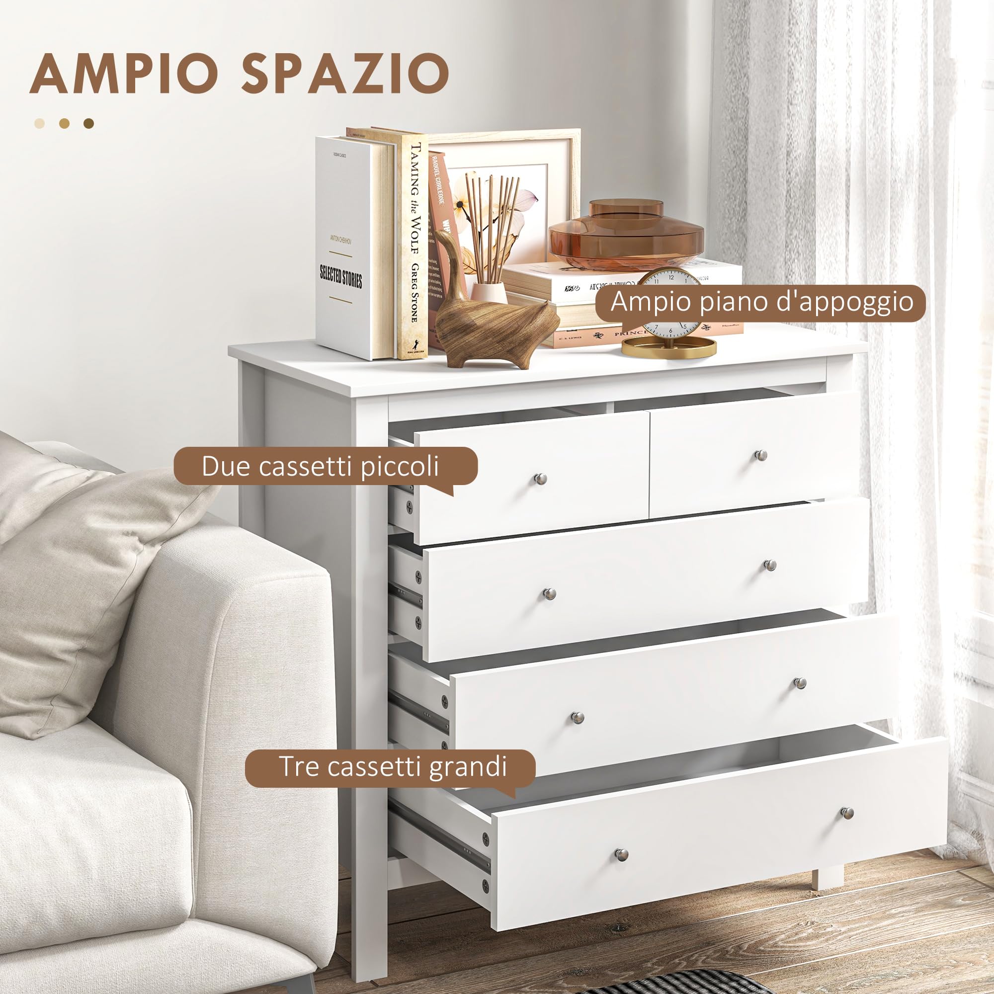 HOMCOM Cassettiera Cassettiera da Camera in Legno 79x39.5x80.5 cm Bianco | Con 2 Cassetti Piccoli e 3 Cassetti Grandi