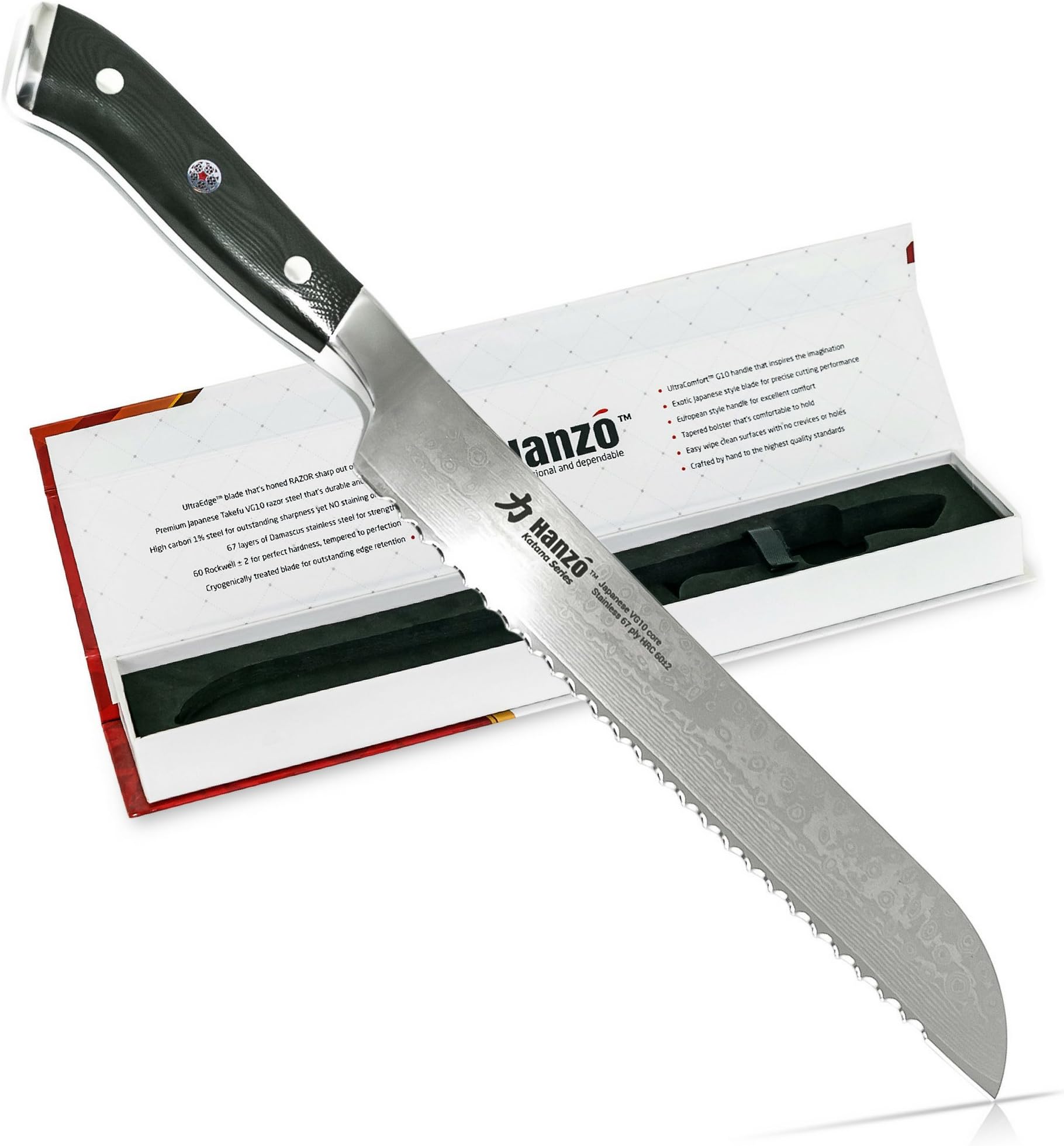 HANZO Serrated Bread Knife Professional - 9 inch Katana Series - 67 ply Japanese VG10 steel - G10 Military Grade Custom Contoured Handle โ Outstanding handling and edge retention
