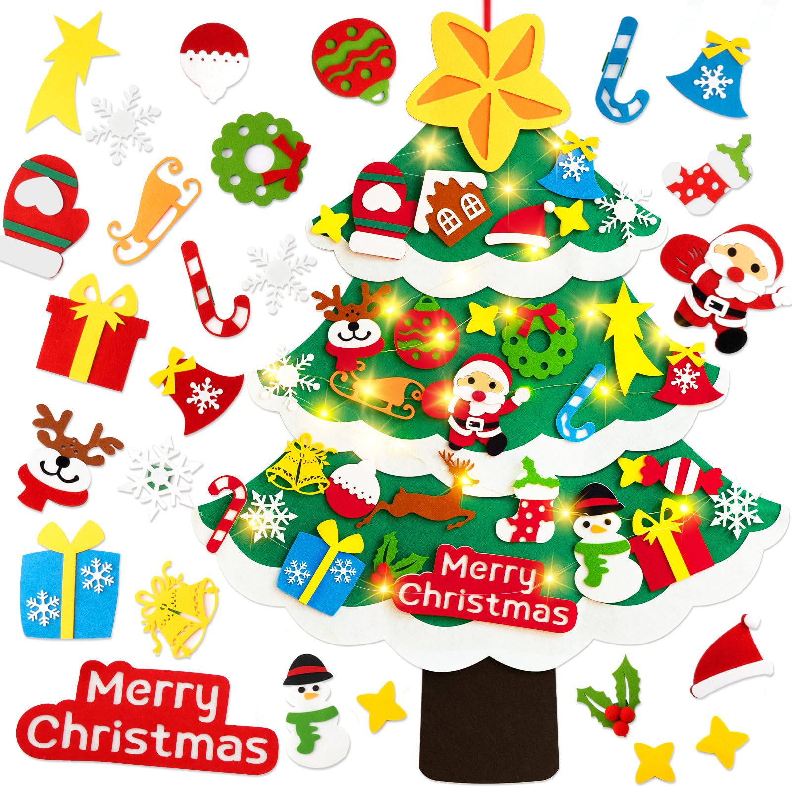 WooEnjoy DIY Felt Christmas Tree Kit, 3ft Wall Tree With 32 Pcs Ornaments, LED String Light, Fun Christmas Decorations, Gift for Kids Children Toddlers