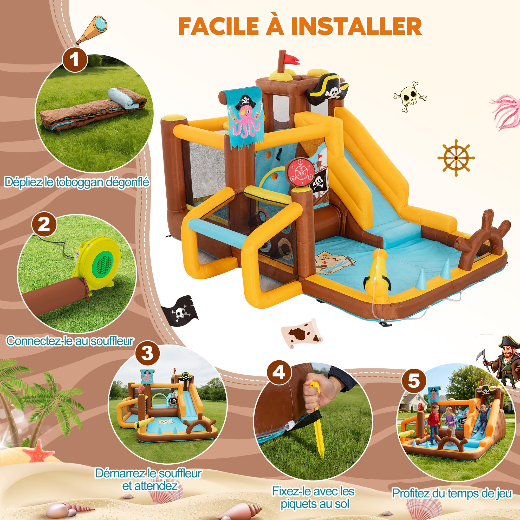 UEV 8 en 1 Château Gonflable pour Enfants XXL, avec Souffleur 450W, Parc Aquatique avec Zone de Saut, Toboggan, Jeu de Cerceaux, Balles Velcro, 394 x 326 x 243 cm