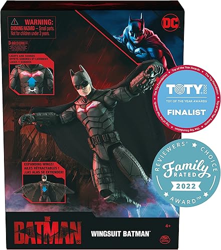 Miniatura 2 de DC Comics, Batman - Figura de acción de traje de alas de 12 pulgadas con luces y frases, alas expandibles, juguetes coleccionables de la película de