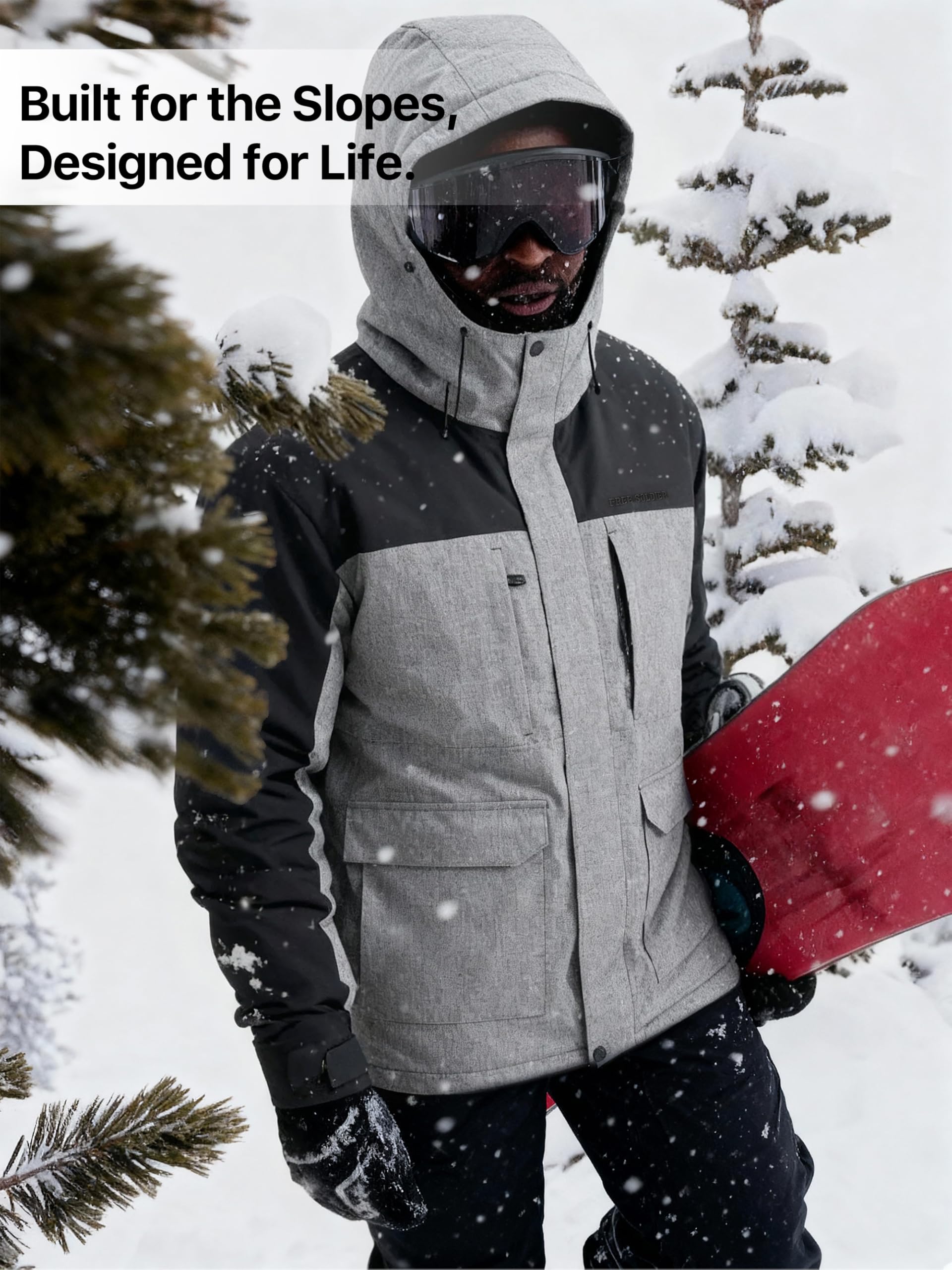 FREE SOLDIER Men's Waterproof Ski Jacket Fleece Lined Warm Winter Snow Coat with Hood Fully Taped Seams