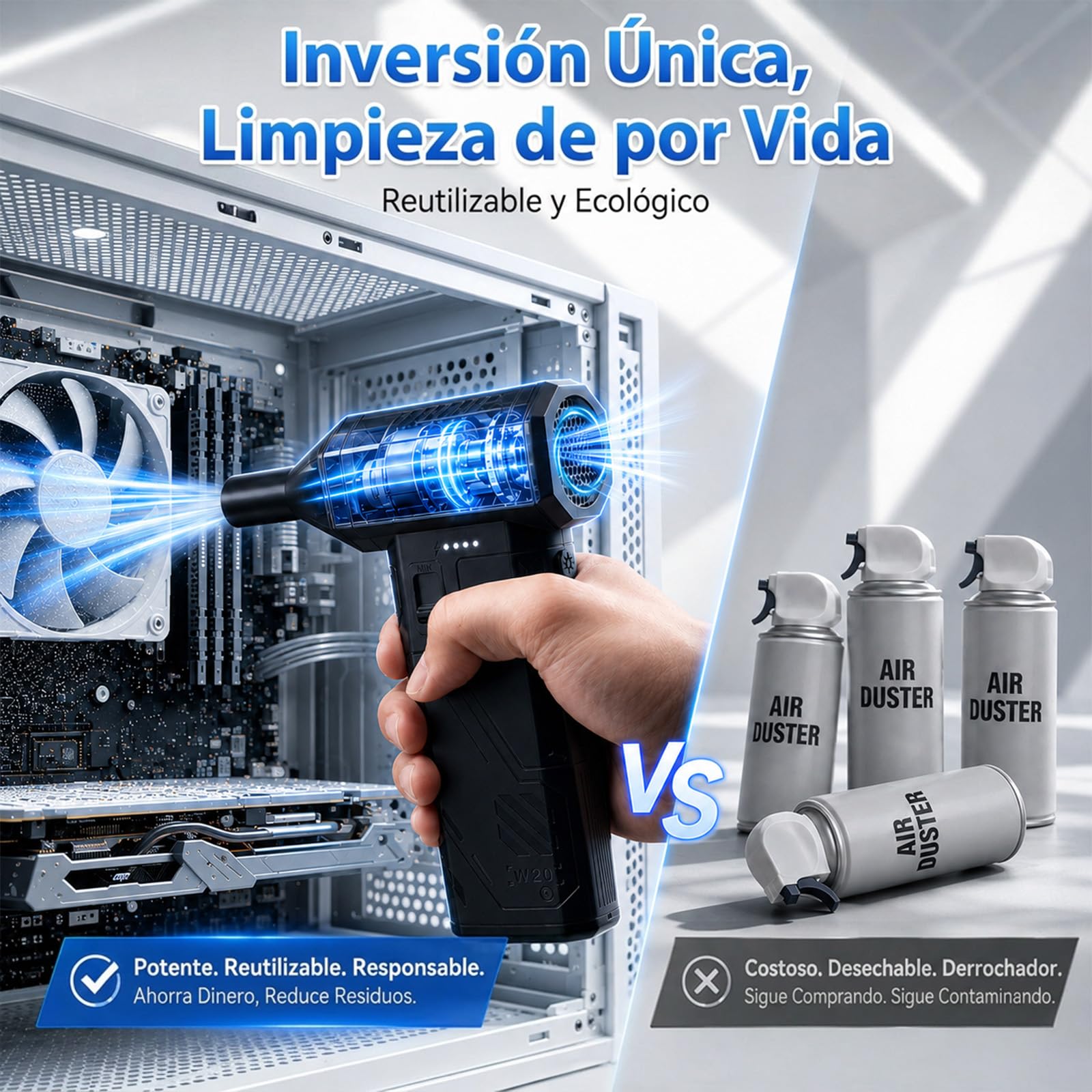 AGPTEK Soplador de Aire Inalámbrico 260000 RPM, Motor sin Escobillas | 3 Velocidades Ajustables, para Limpiar Teclado, PC, Coche y Hogar, 8000 mAh Recargable con LED, Portátil, Potente y Eficiente