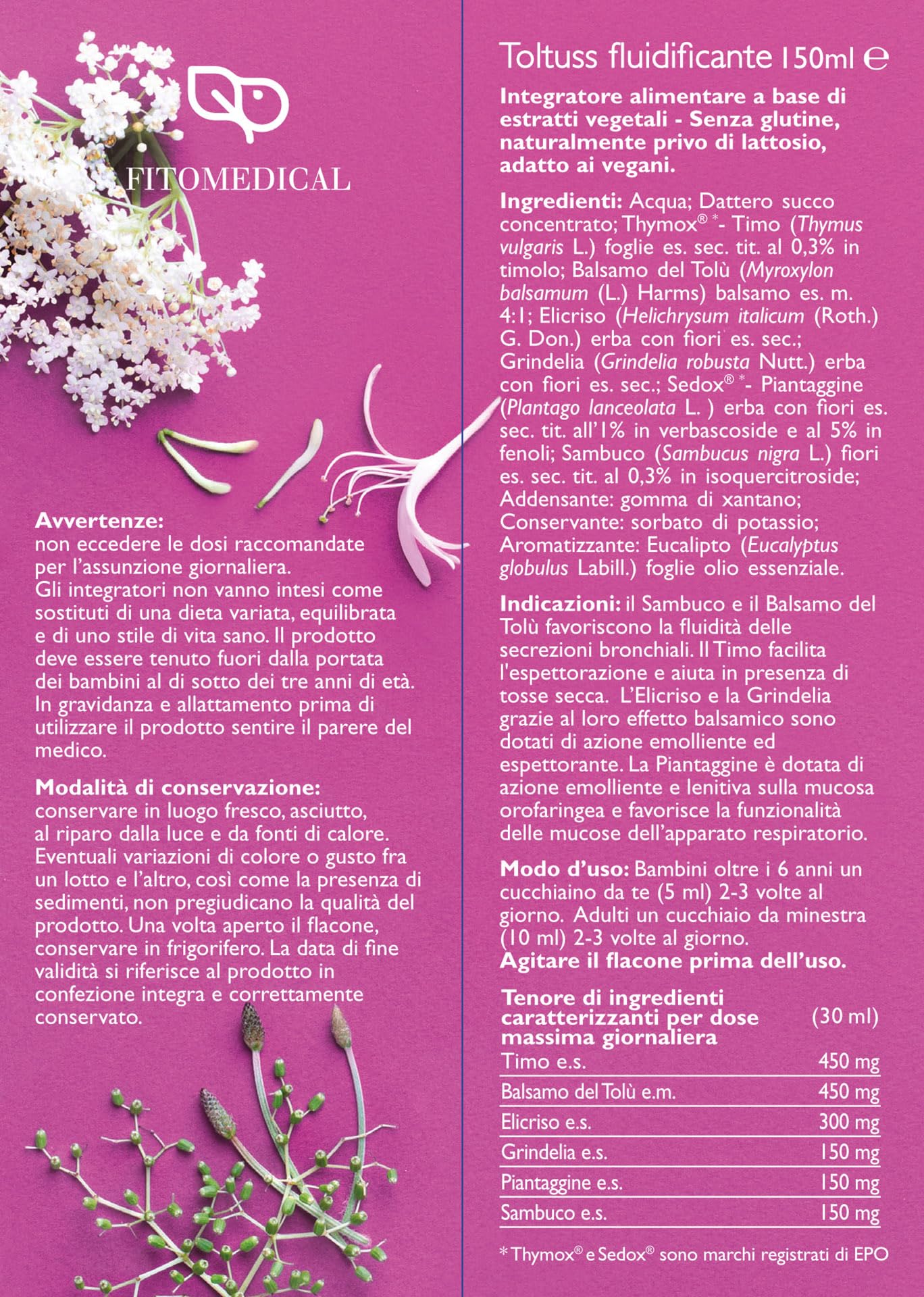 Fitomedical - Toltuss Fluidificante, Integratore Alimentare Naturale Con Balsamo del Tolù e Sambuco ad azione fluidificante. Senza Glutine - Flacone da 150 ml