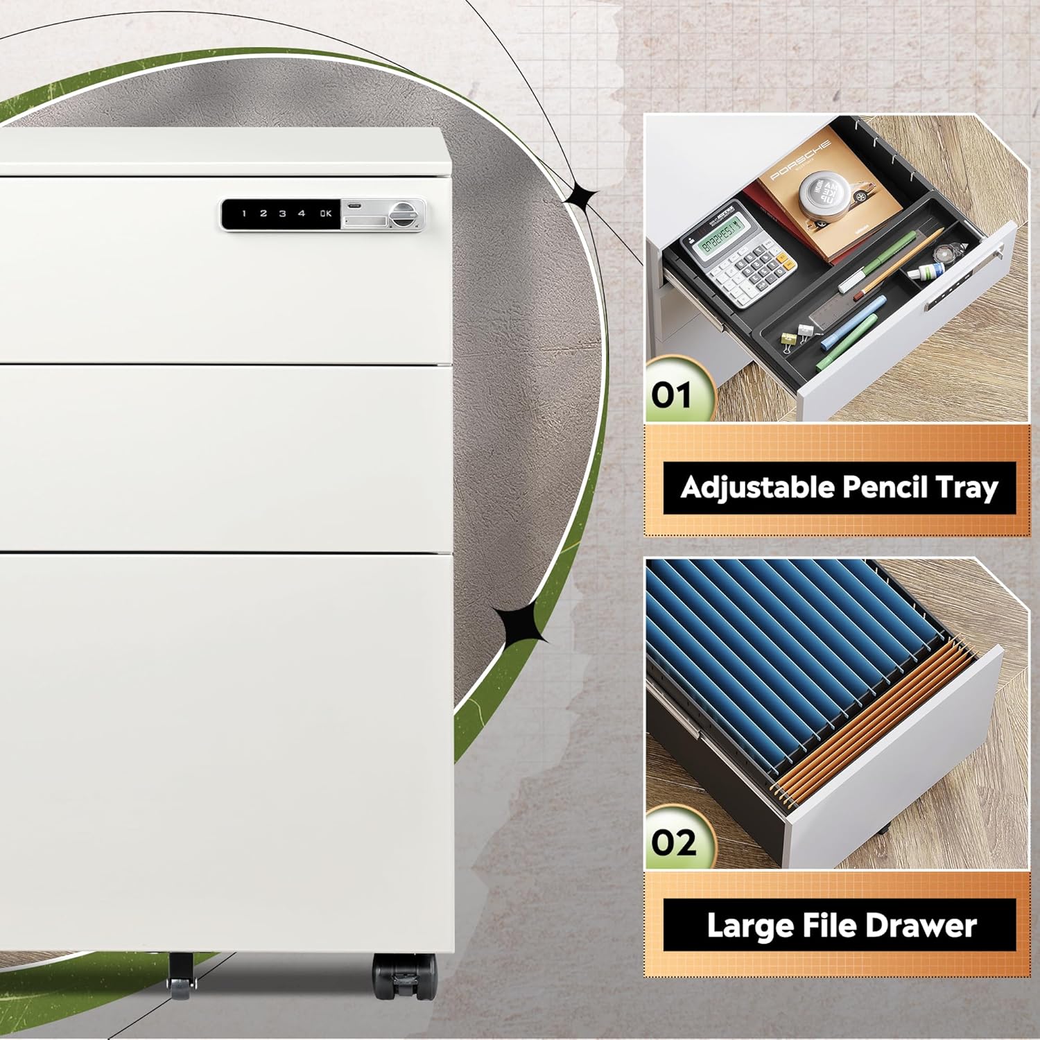 Open drawers showing adjustable pencil tray and large file drawer