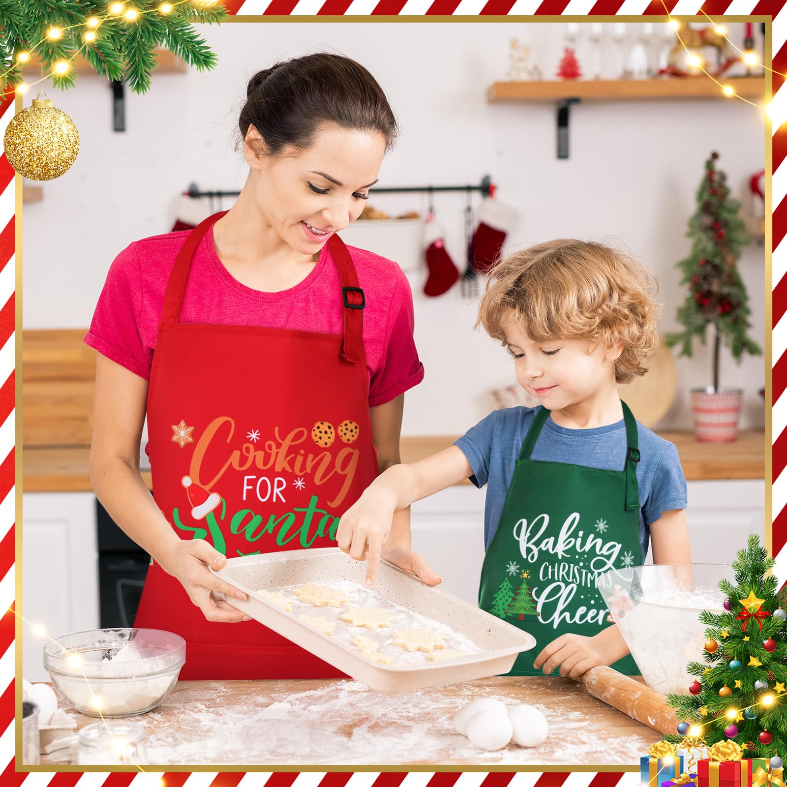 8 delantales de Navidad a juego con bolsillo, delantal de cocina de Navidad, delantales de cocina, delantales divertidos para galletas, regalo para familia, esposa, marido, pareja, Verde,