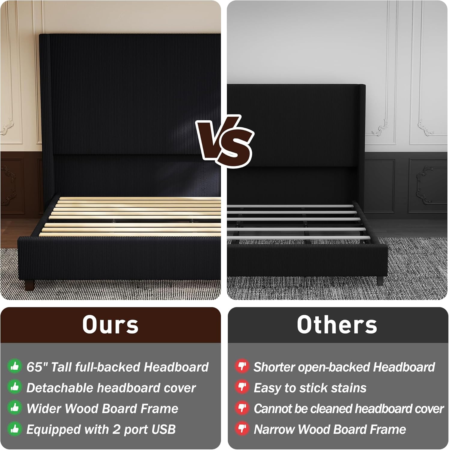 Queen Size Corduroy Upholstered Bed Frame with 65.2" Tall Headboard,USB Charging Station,Soft Washable Corduroy Cover with Wingback Headboard, Solid Wood Legs/Noise-Free/No Box Spring Needed/Black