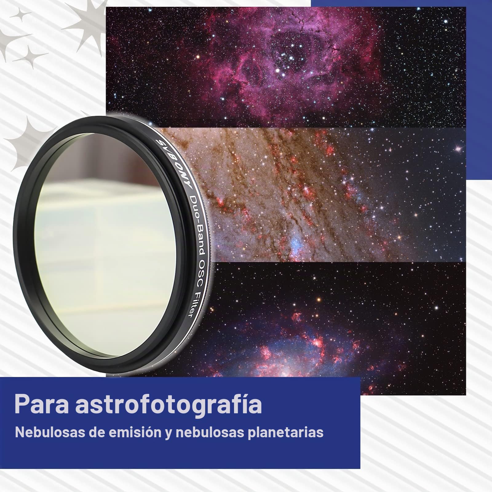 Svbony SV220 Filtro Dual de Banda Estrecha, 2 Pulgadas 7nm Hα OIII Telescopio Filtro, Reducir la Interferencia la Contaminación Lumínica Artificial, para Fotografía del Cielo Profundo
