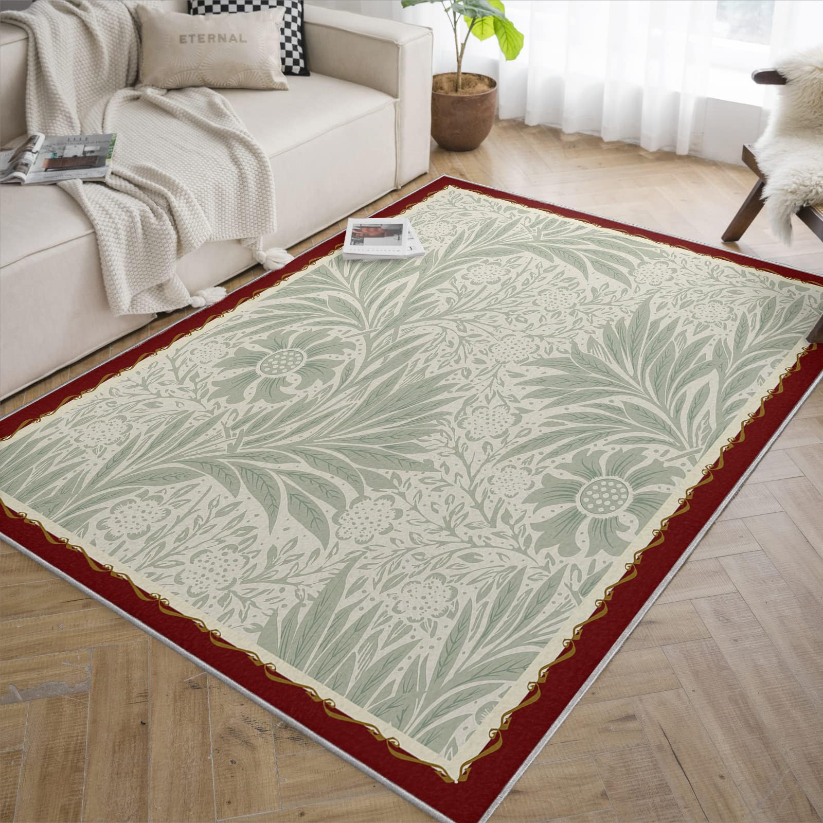Tapis de Salon 200x300 Tapis Vert Sauge Dossier antidérapant Lavable pour Chambre Salle Manger Bureau Domicile Chambre bébé intérieur Sol Fleur Plante rétro décoration Salle Jeux