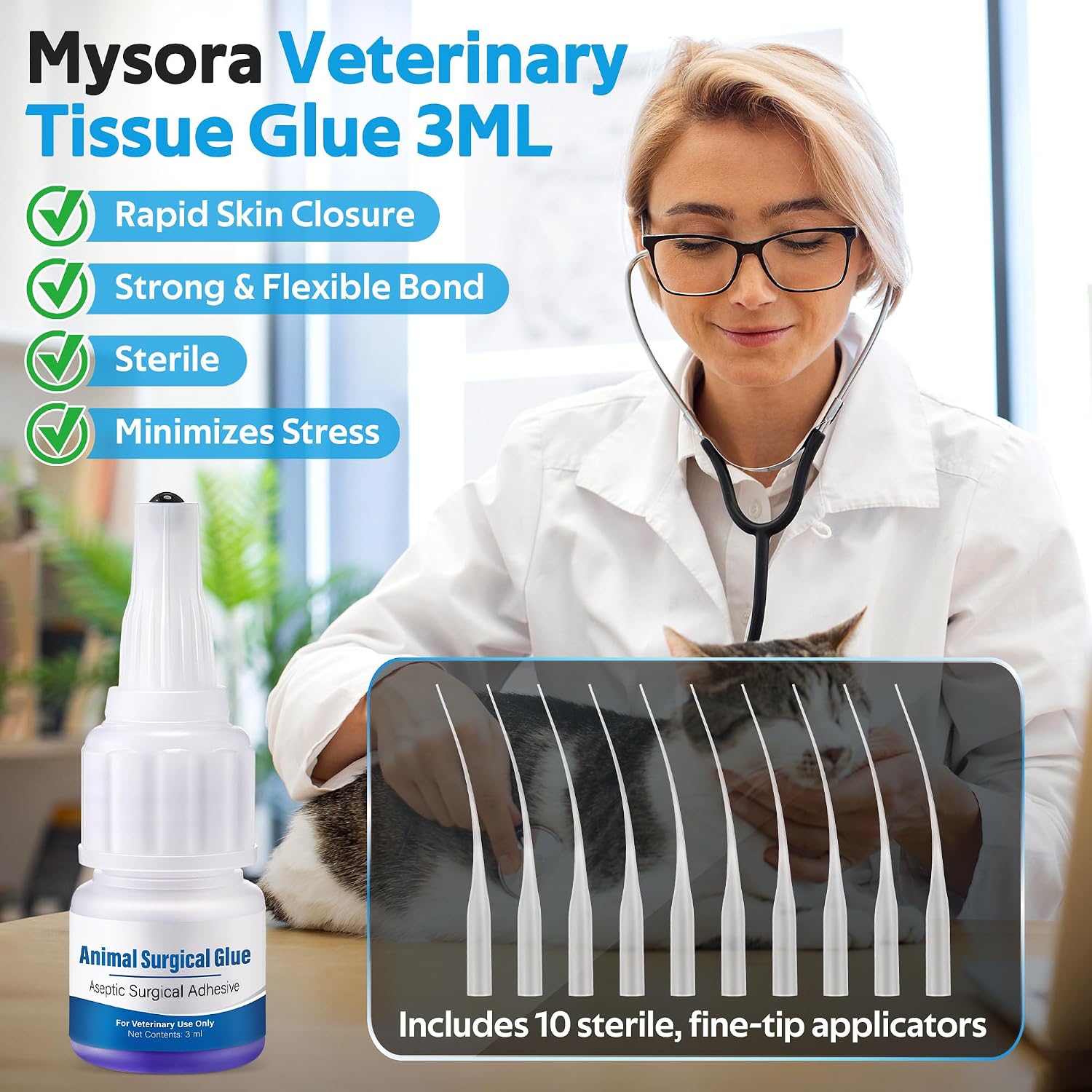 Veterinary Surgical Skin Glue, Strong Surgical Adhesive with 10 Precise Applicators, Blue Tinted Fast Acting Waterproof Wound Closure for Pets Dogs Cats, Pain Free & Stress Free(1 Pack,3ml)