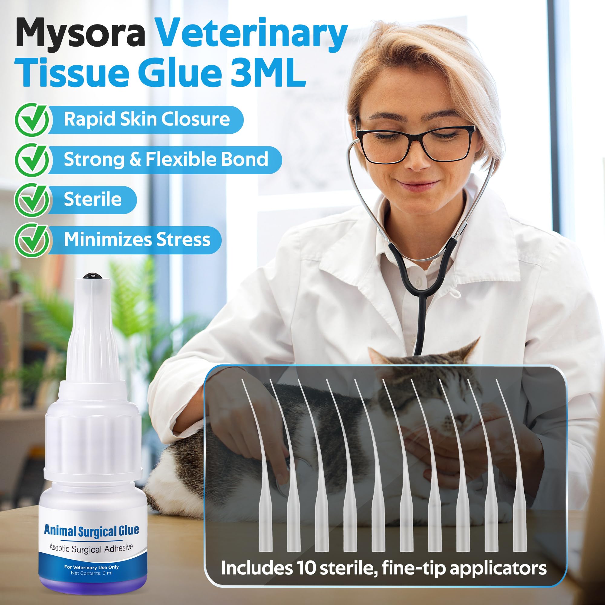 Veterinary Surgical Skin Glue, Strong Surgical Adhesive with 10 Precise Applicators, Blue Tinted Fast Acting Waterproof Wound Closure for Pets Dogs Cats, Pain Free & Stress Free(1 Pack,3ml) — Amazon image 2