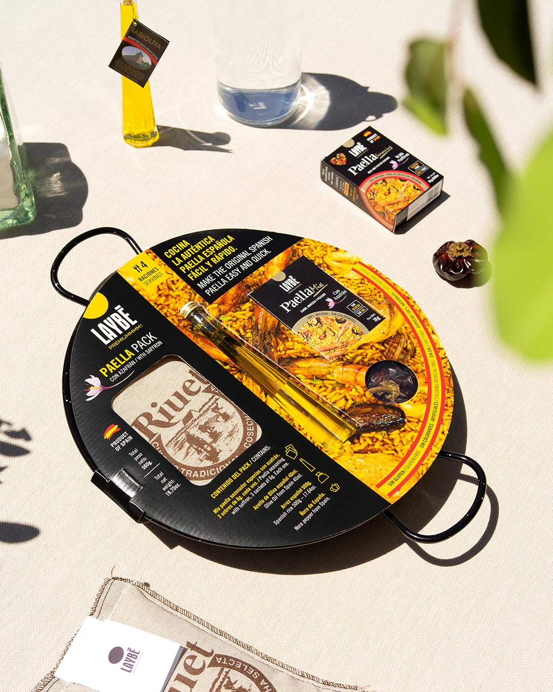 LAYBÉ - Pack Paella, Kit Completo para Elaborar la Auténtica Paella Española con Azafrán, Incluye: Paellera, Arroz 500gr (4 raciones), Sazonador (3x6gr), Aceite de Oliva (4ml) y Ñora.
