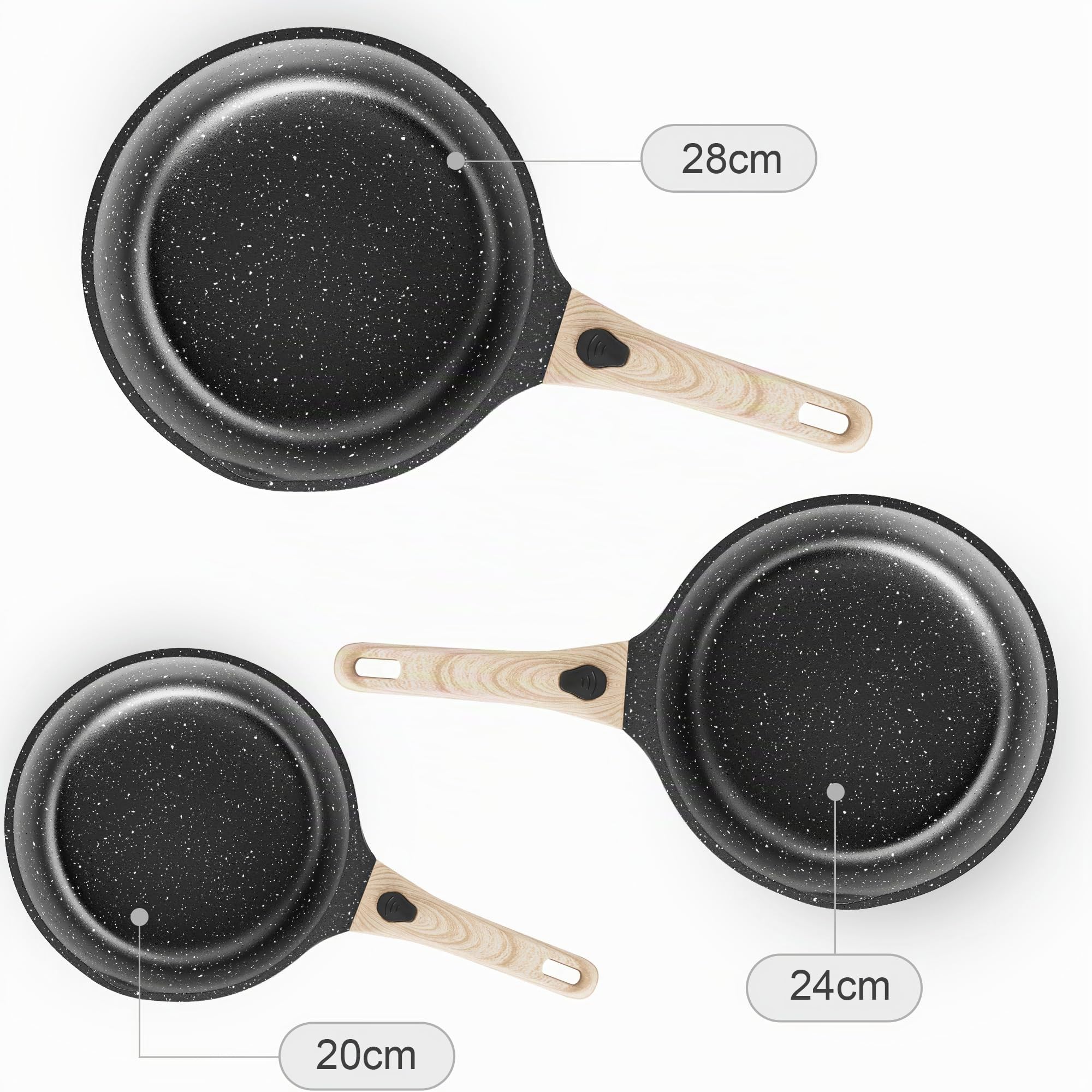 RIOVARM Induzione Set di padelle con manici staccabili, Antiaderente Padelle universali 20 cm 24 cm 28 cm, Granito Padella per omelette senza PFOA, Set di pentole Adatto per forno e lavastoviglie