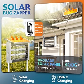 Solar Bug Zapper Outdoor 4500V & 4-in-1 Mosquito Zapper with Flame RGB Light