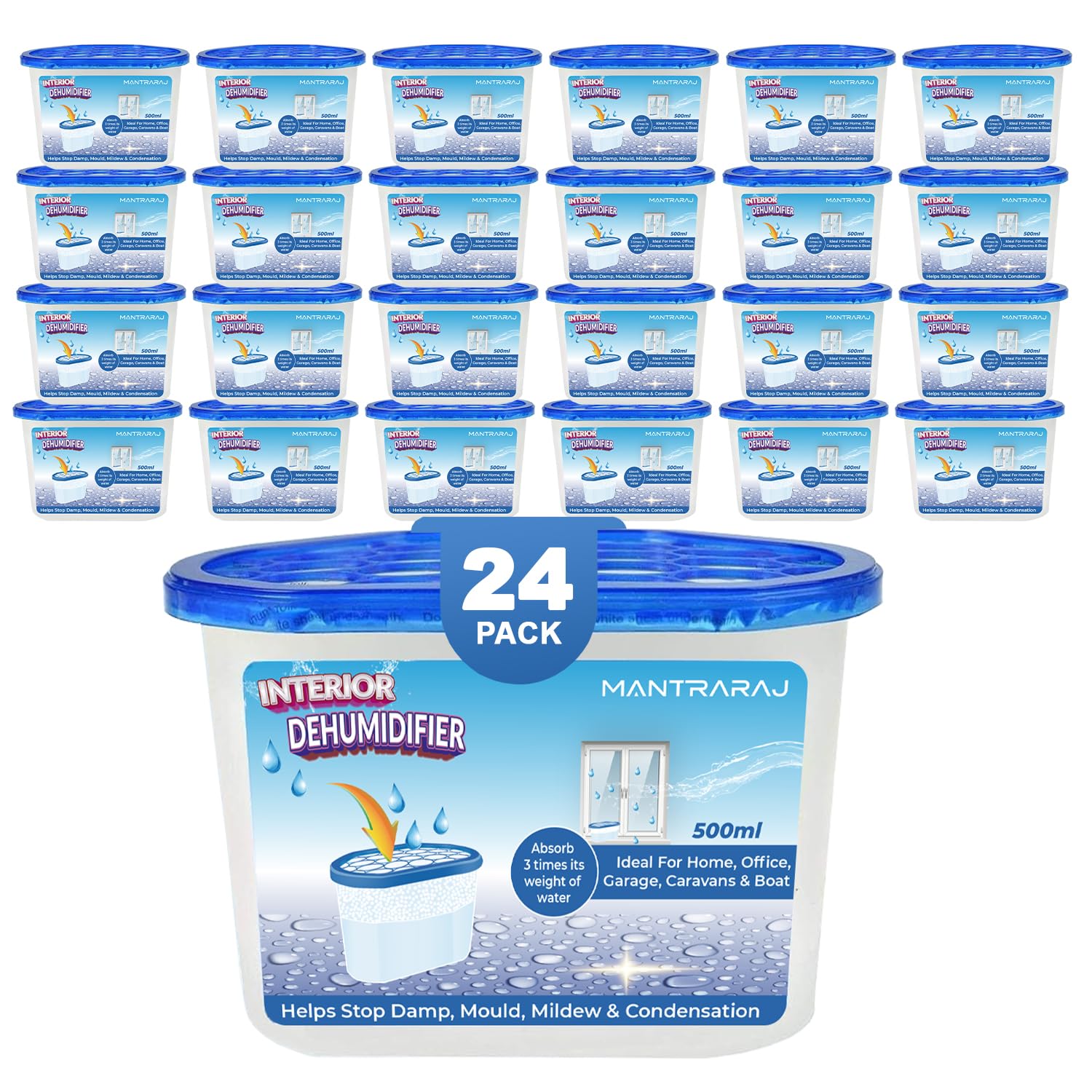 MantraRaj Pack of 24x 500ml Interior Dehumidifiers Disposable Helps Stop Damp, Mildew, Mould Condensation Moisture Absorber Remover in Home Kitchen Wardrobe Bedroom Office Garage Bathroom, Basement