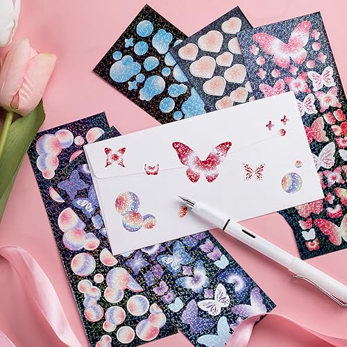Miniatura 4 de OIIKI 15 hojas de calcomanías coloridas brillantes con láser, burbujas con purpurina, delfín, mariposa, calcomanías de corazón, calcomanías