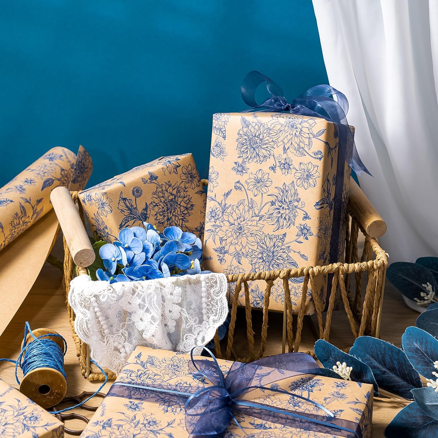 WRAPAHOLIC Kraft Blue Floral Wrapping Paper - Mini Roll - 17 Inch x 16.5 Feet - Vintage Blue Toile De Jouy Flower Wrapping Paper Perfect for Wedding, Birthday, Bridal Shower, Tea Party - Image 7