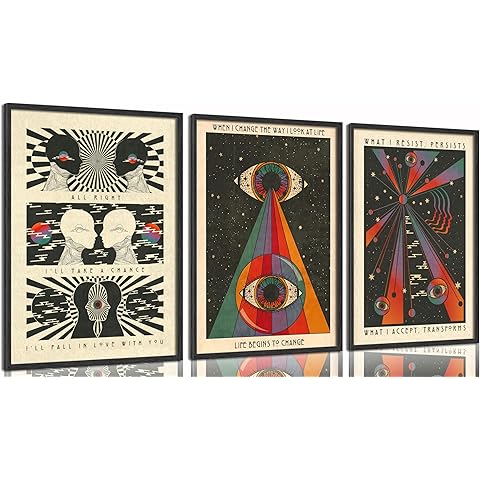 3Pcs Retro Hippie Wall Art 70's Psychedelic Eye Posters Wall Decor Meditation Inspirational Quote Prints Pictures Pop Art Style Spiritual Canvas Paintingfor Teen Bedroom Living Room Unframed
