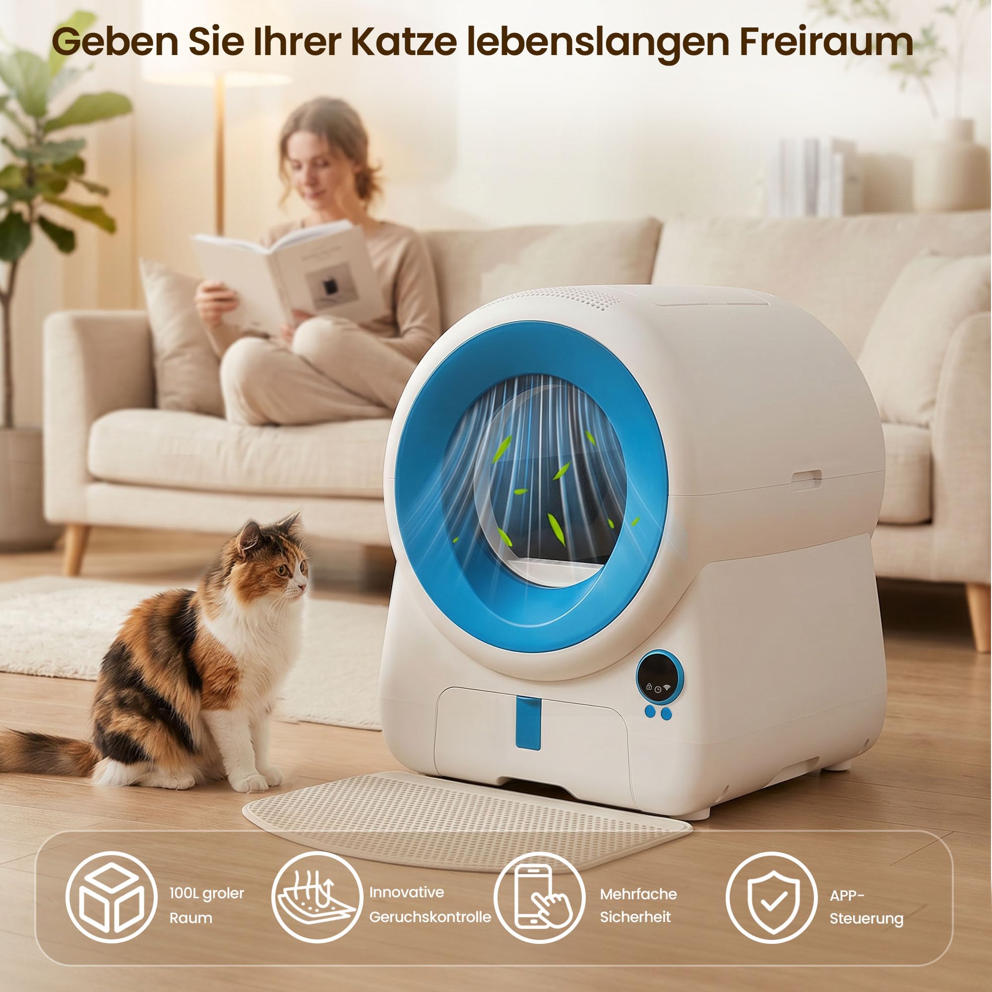 JUMMICO Katzenklo Selbstreinigend XXXL, Automatische Katzentoilette mit 100L Innenraum, 12L Fäkalienbehälter, APP-Steuerung, Luftvorhang & 10 Sicherheitssensoren für mehrere Katzen