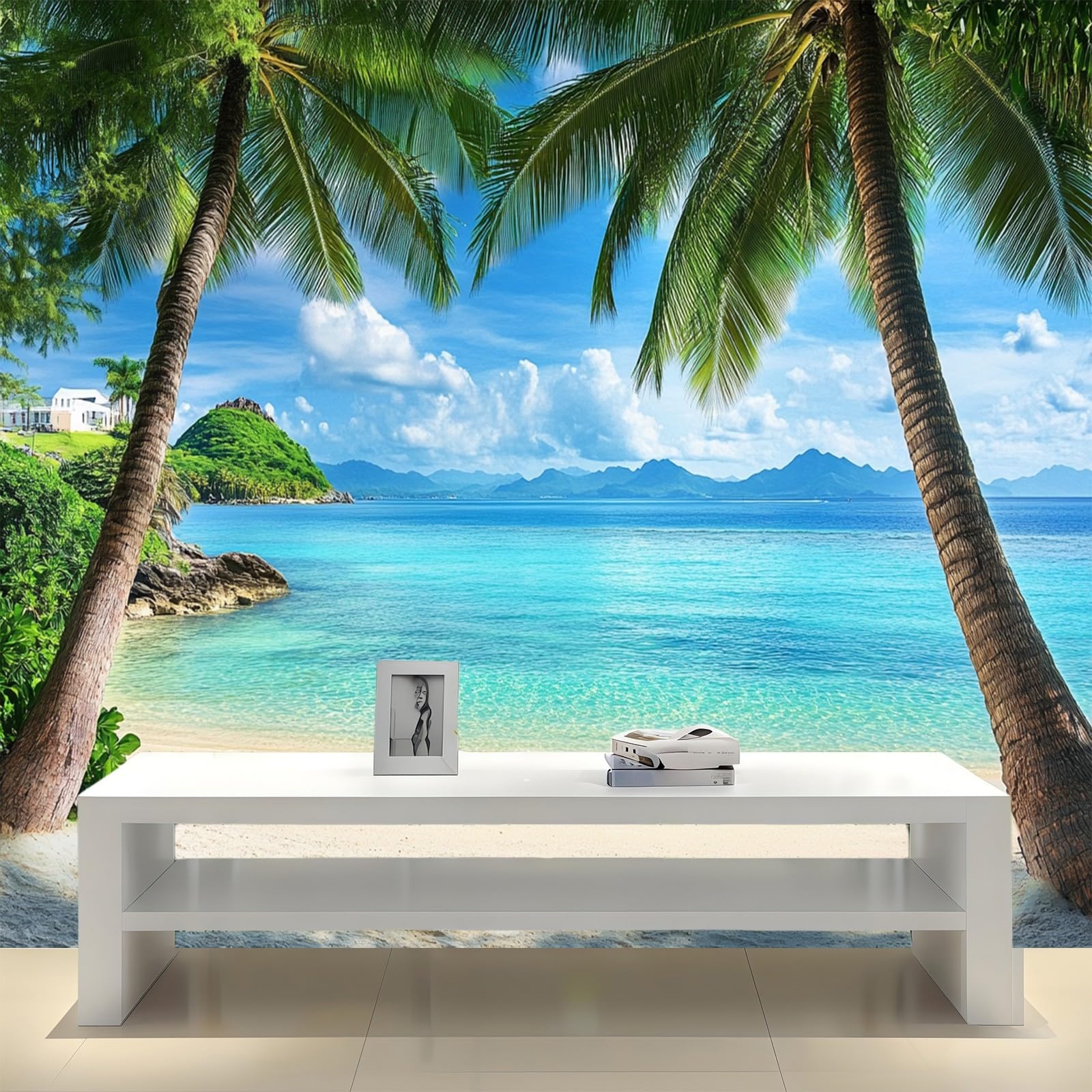 Papel Pintado Panorámico playa tropical 350 x 256 cm verde decoración pared salón dormitorio infantil mural grande estilo moderno hogar