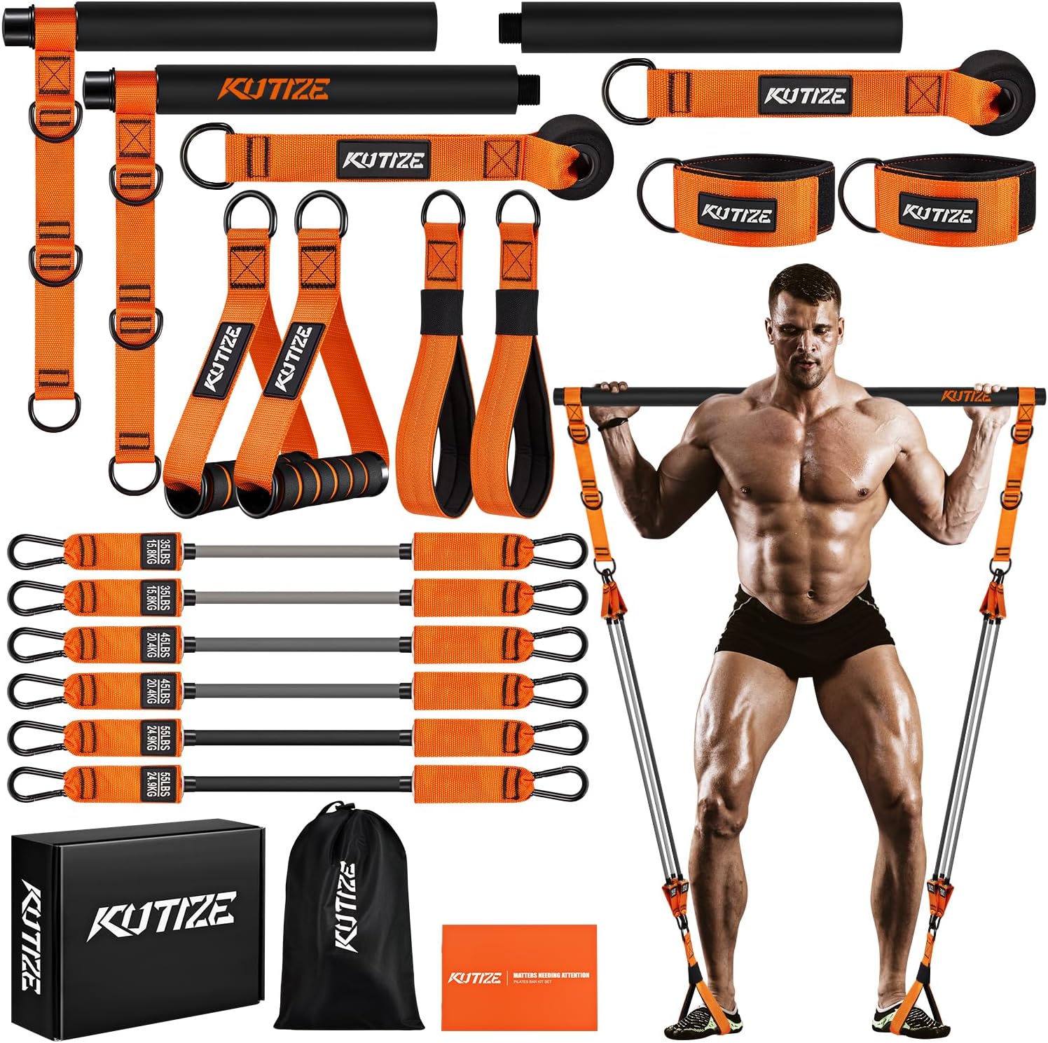Pilates Bar Kit with Resistance Bands, Heavy Duty Pilates Equipment for Men, Strength Training Bar for Legs, Hip, Back, Arm, Abs, Chest, Shoulders, Portable Home Gym Full Body Workout Equipment
