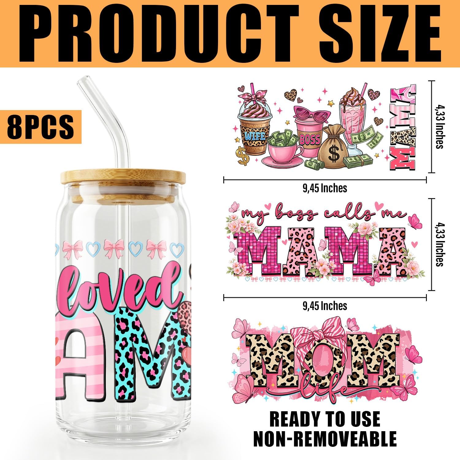 (8pcs) Mom Sticker Mom UV DTF Cup Wrap Stickers, Mama Transfer Paper for 16 OZ Glass Cup, Pink Leopard Aesthetic UVDTF Sticker for Glass Water Bottlers, Mug, Tumbler, Gift for Mom, Mother
