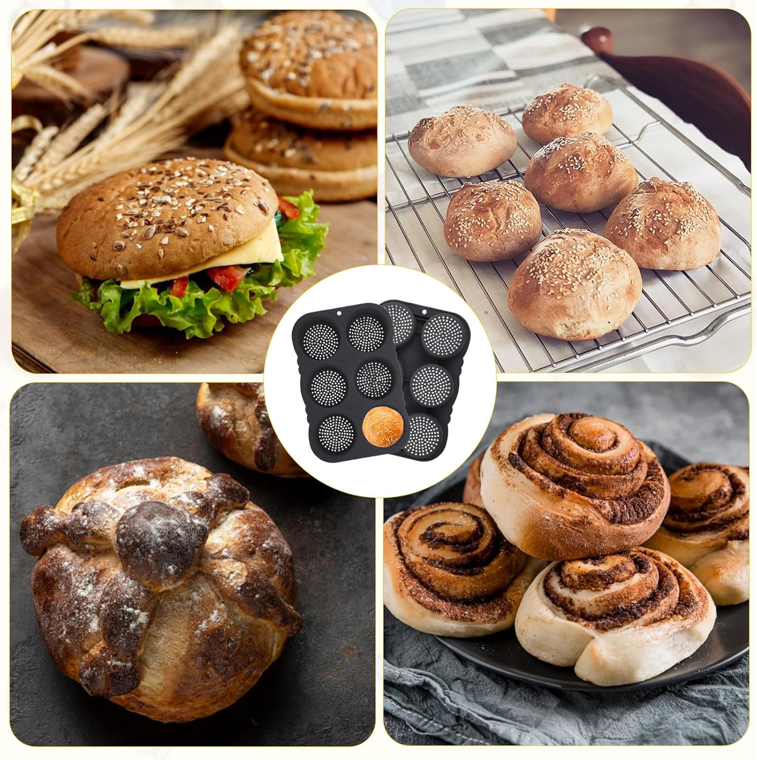 2 Pcs Hamburger Bun Pan, 4 Inch Silicone Hamburger Bun Mold, 6 Cup Big Baking Pan for Homemade Buns, Dishwasher Safe