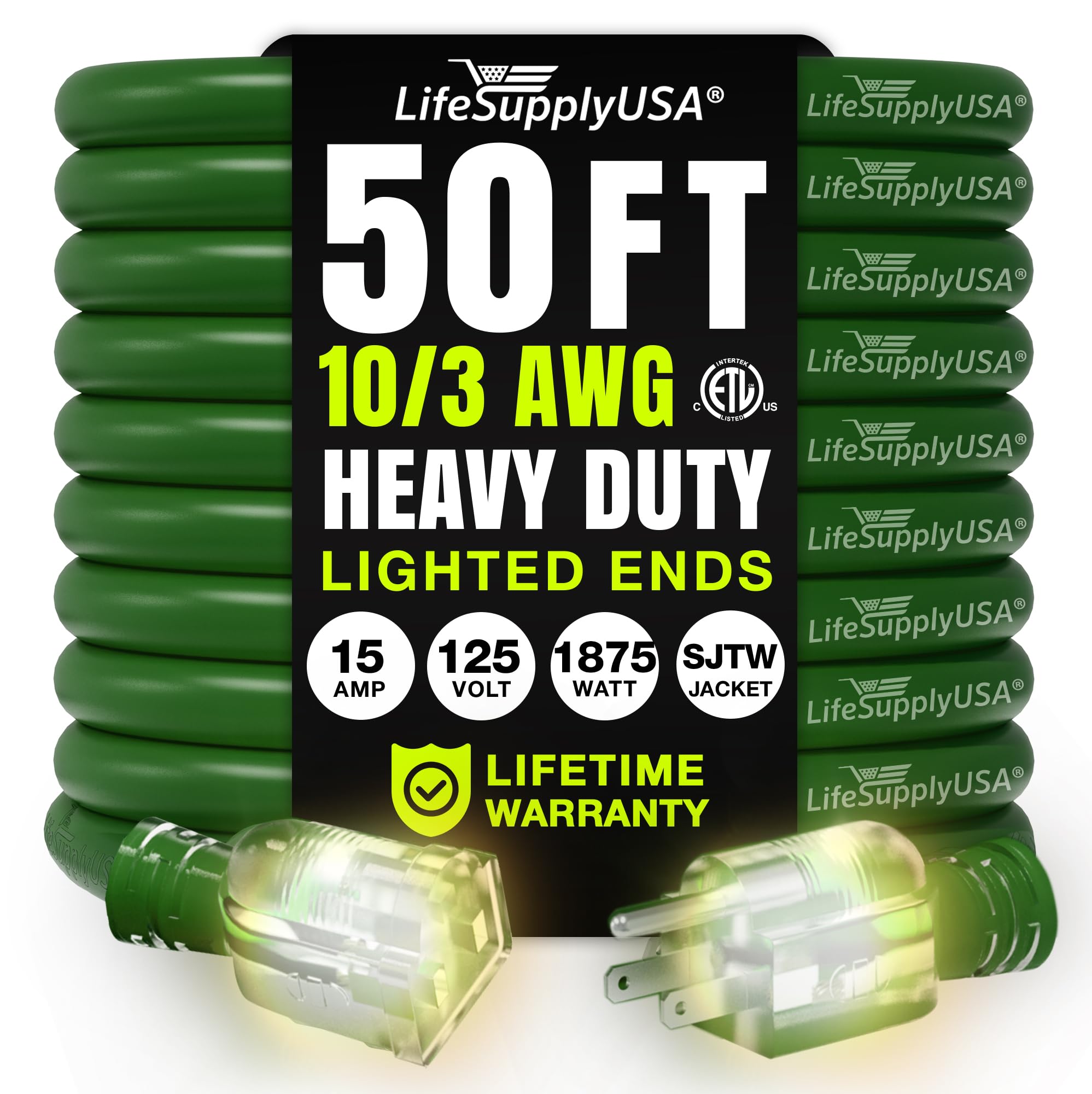 50ft Outdoor/Indoor Extension Cord 10/3 Gauge Ultra Heavy Duty 3 Prong SJTW, Waterproof, ETL Listed, Flexible Cold-Resistant Long Power Cord,125 Amp 1875W, Green by LifeSupplyUSA