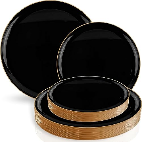 Edge Luxe - Juego de platos negros con borde dorado, 20 unidades, juego de platos de plástico desechables con 10 platos de almuerzo de 8.6 pulgadas