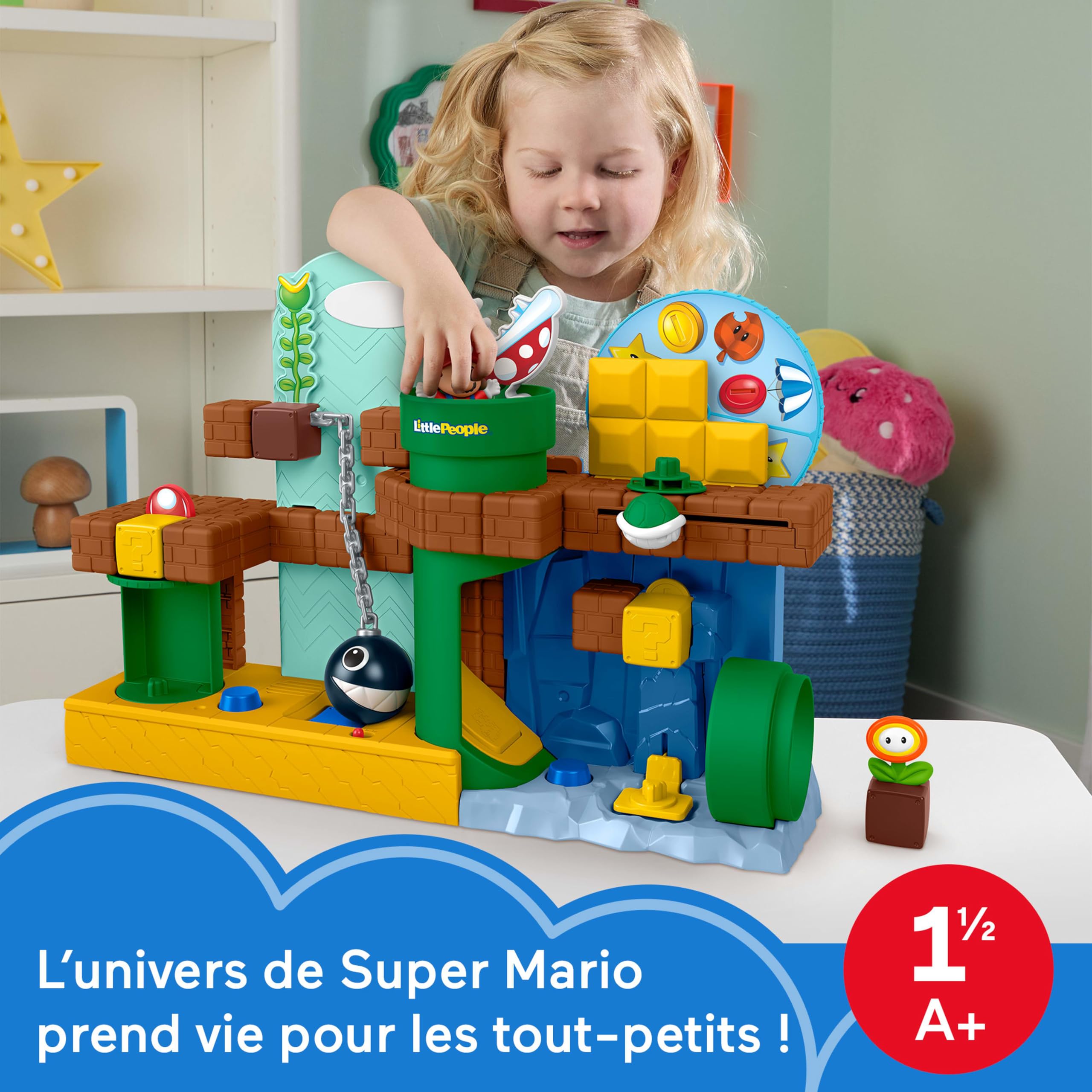 Fisher-Price Little People Mon aventure Mario jouet tout-petit | Playset avec figurine Mario et accessoire, sons du jeu vidéo, activités, motricité fine, enfants 18+ mois, JHG61