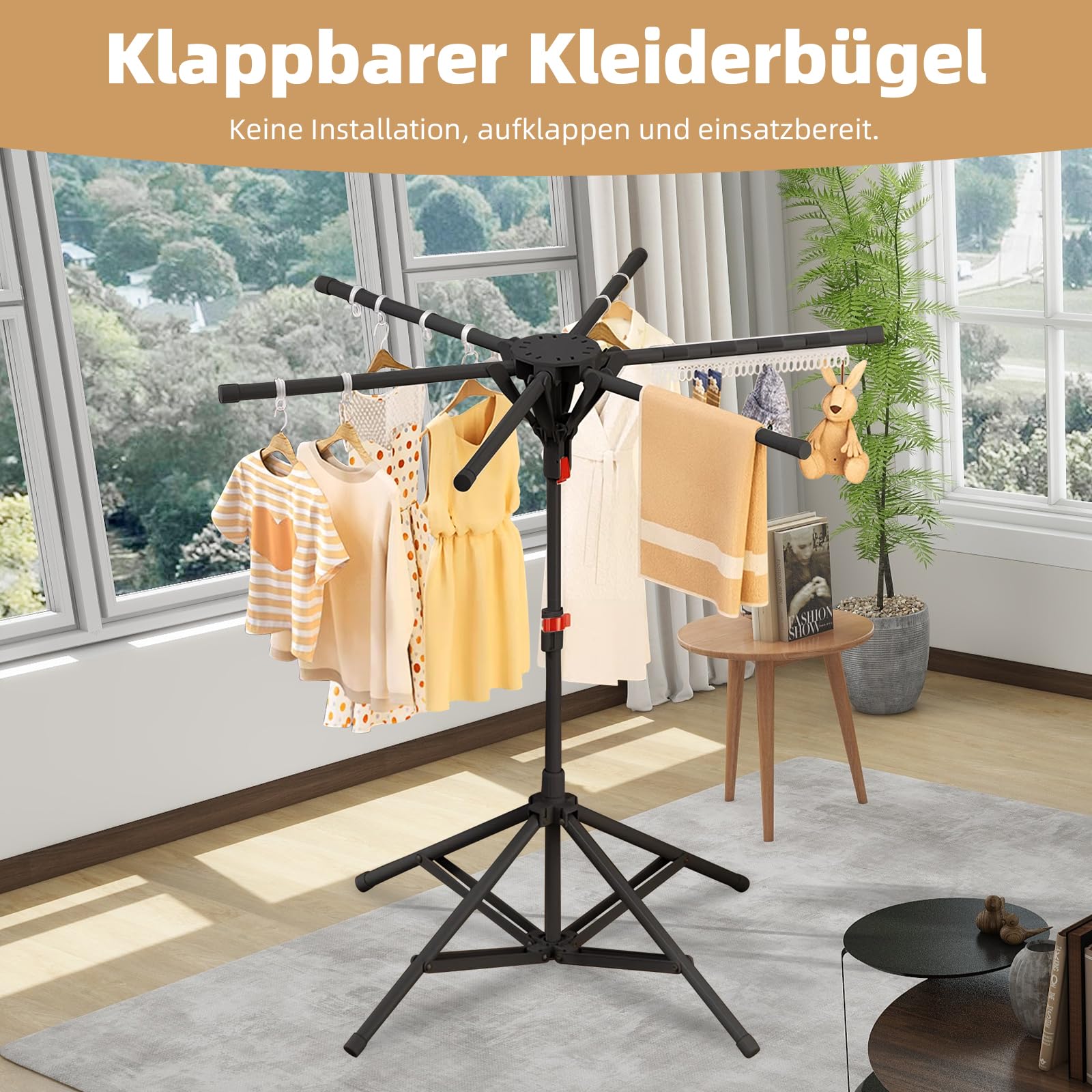 Wäscheständer Klappbar, Höhenverstellbar Wäschetrockner Ständer, Platzsparend Standtrockner Kleiderständer Bügel mit 6 Flügeln, Faltbar Waschesteständer für Camping Balkon Drinnen Draußen (Schwarz)