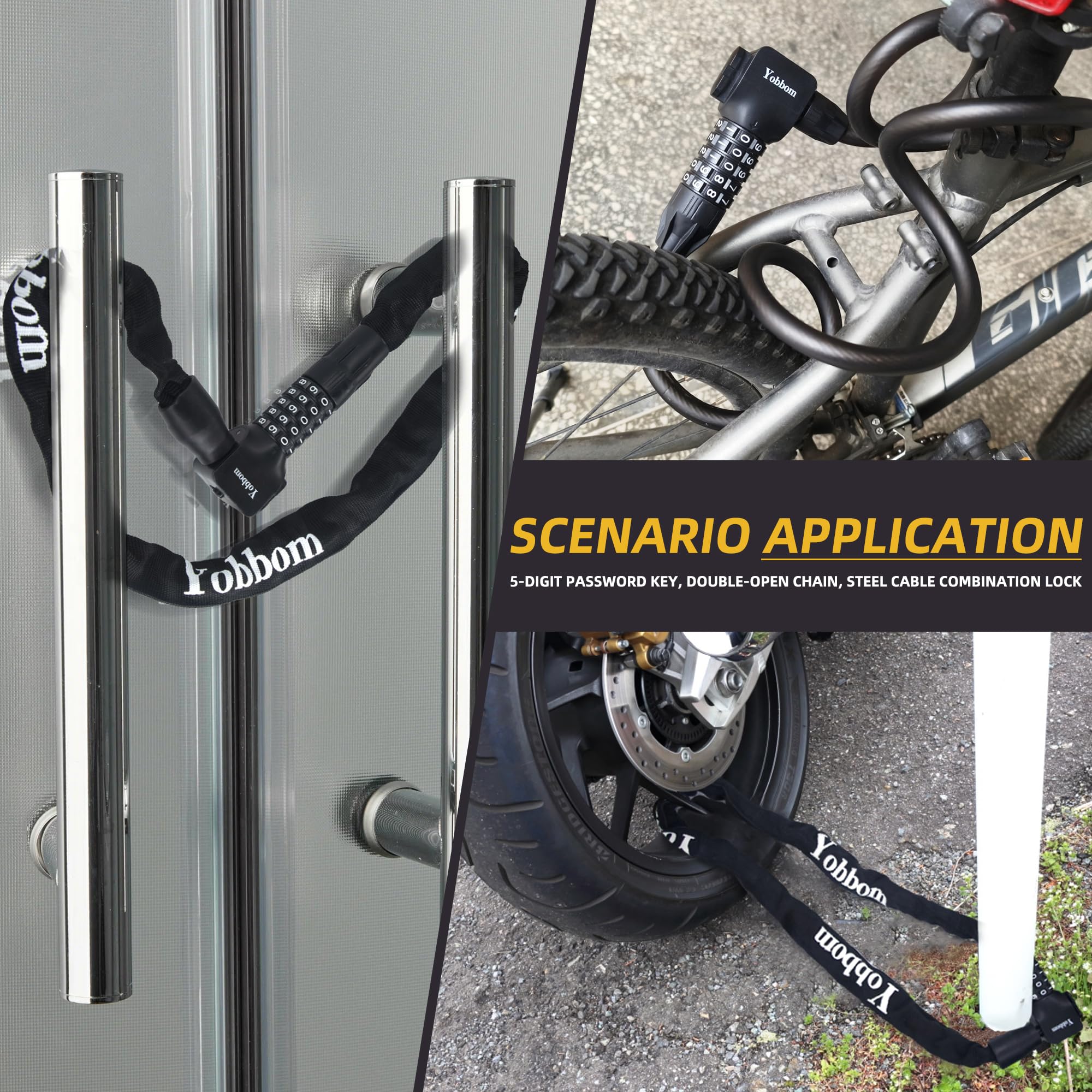 Lucchetto a combinazione resettabile a 5 cifre con 2 chiavi, catena resistente e cavo in acciaio per bicicletta, ebike, cancello, porta
