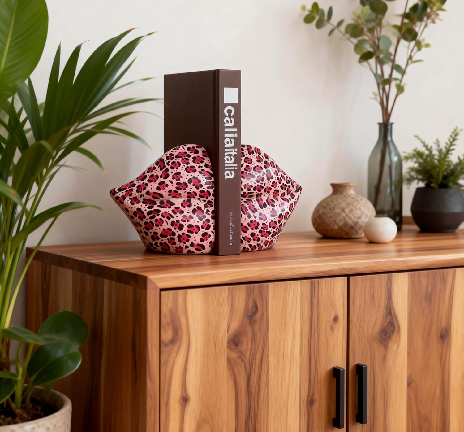 Leopard Print Lips Decorated Bookends，Set of 2 Heavy Decorative Book Stoppers，Unique Resin Decoration，Creative Desktop Decor for Study Room Hotel Office Shelves