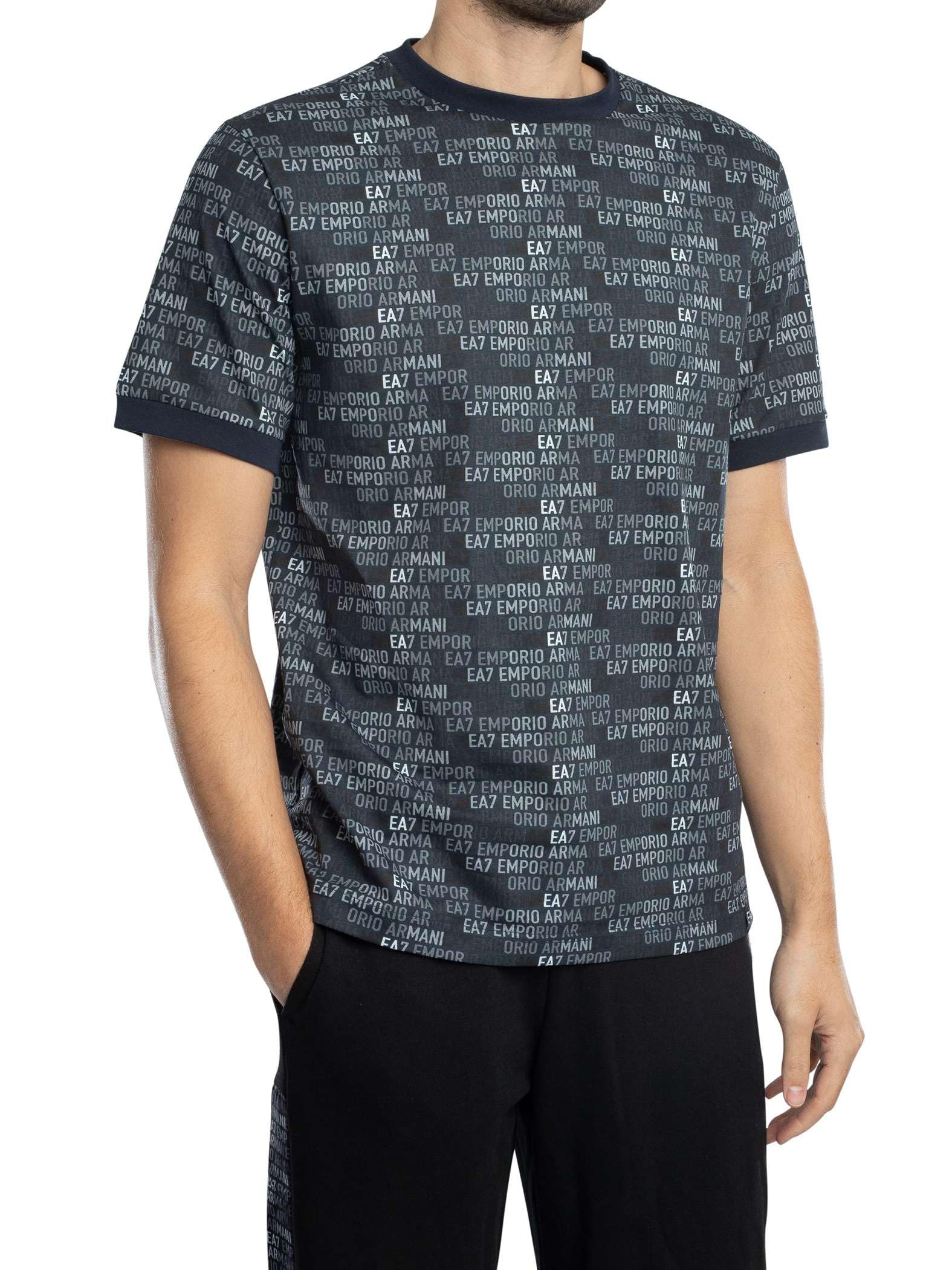 Ea7 Men's Dark Blue Logo Pattern T-Shirt, Blue, M