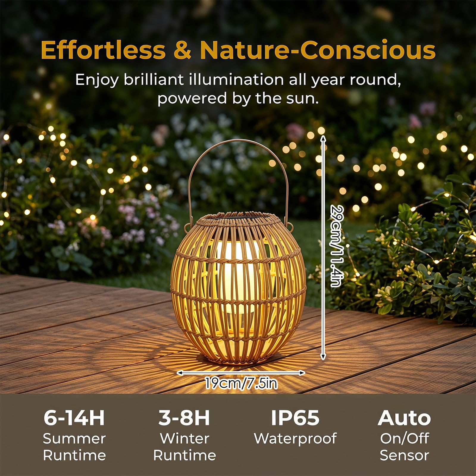 Lampes solaires d'extérieur en bambou tissé à suspendre pour l'extérieur, lanterne solaire à suspendre avec poignée en fer et chaîne en corde de chanvre, lampes solaires de jardin pour cour, balcon