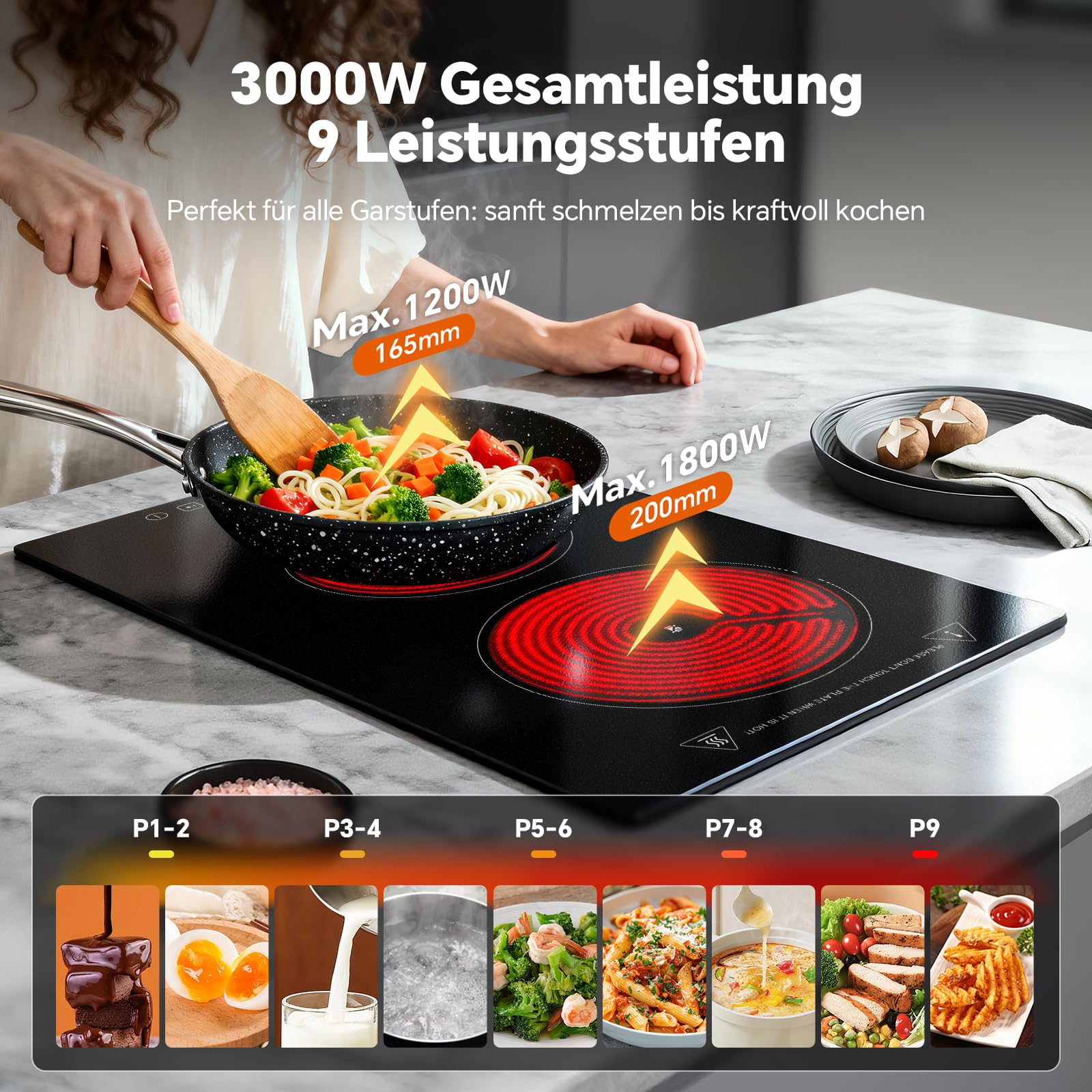 TopStrong Glaskeramikkochfeld 2 Platten 3000W Kochfeld mit Stecker, 2-in-1 Freistehend/Einbau-Design, 9 Heizstufen, Touch-Steuerung, Timer