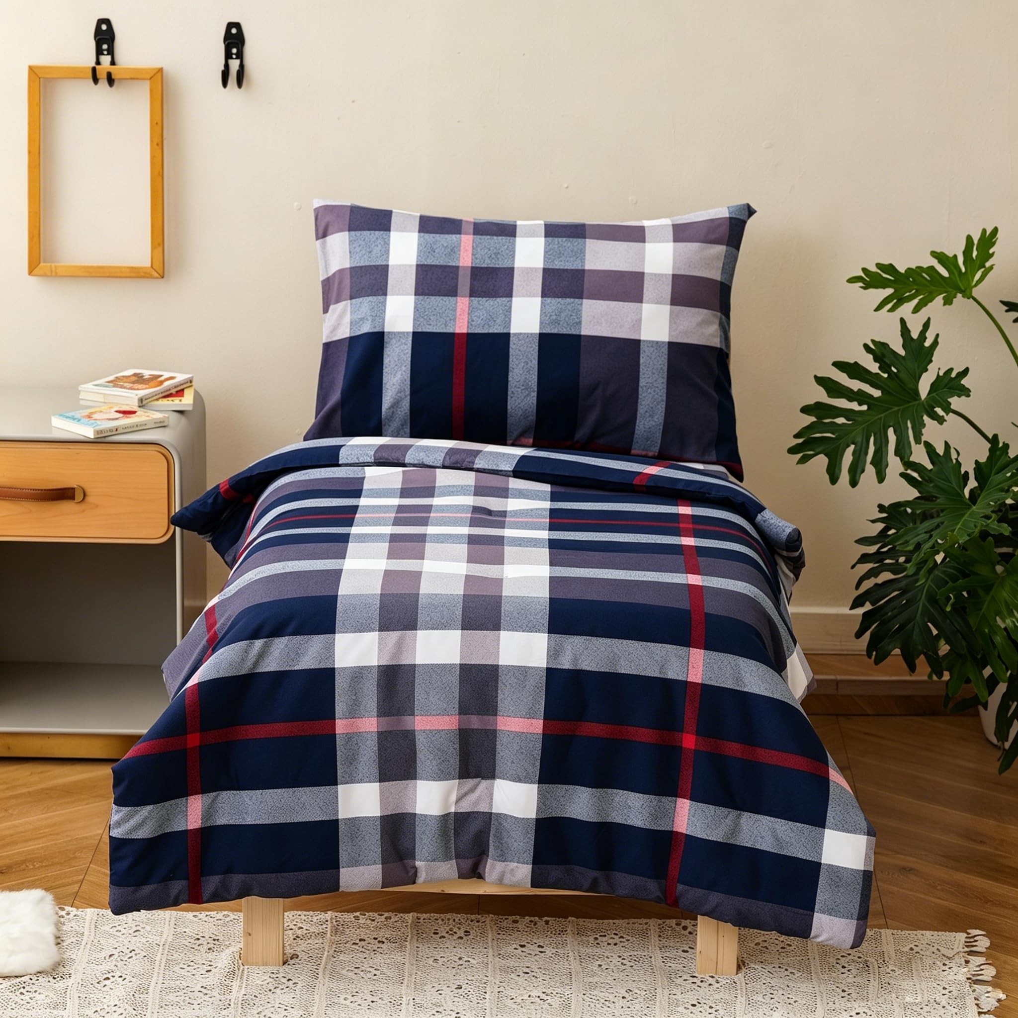 KAREVER Checkered Toddler Bedding Set Navy Blue White Grid 4 Pieces Crib Bed Set Kids Pliad Comforter Set