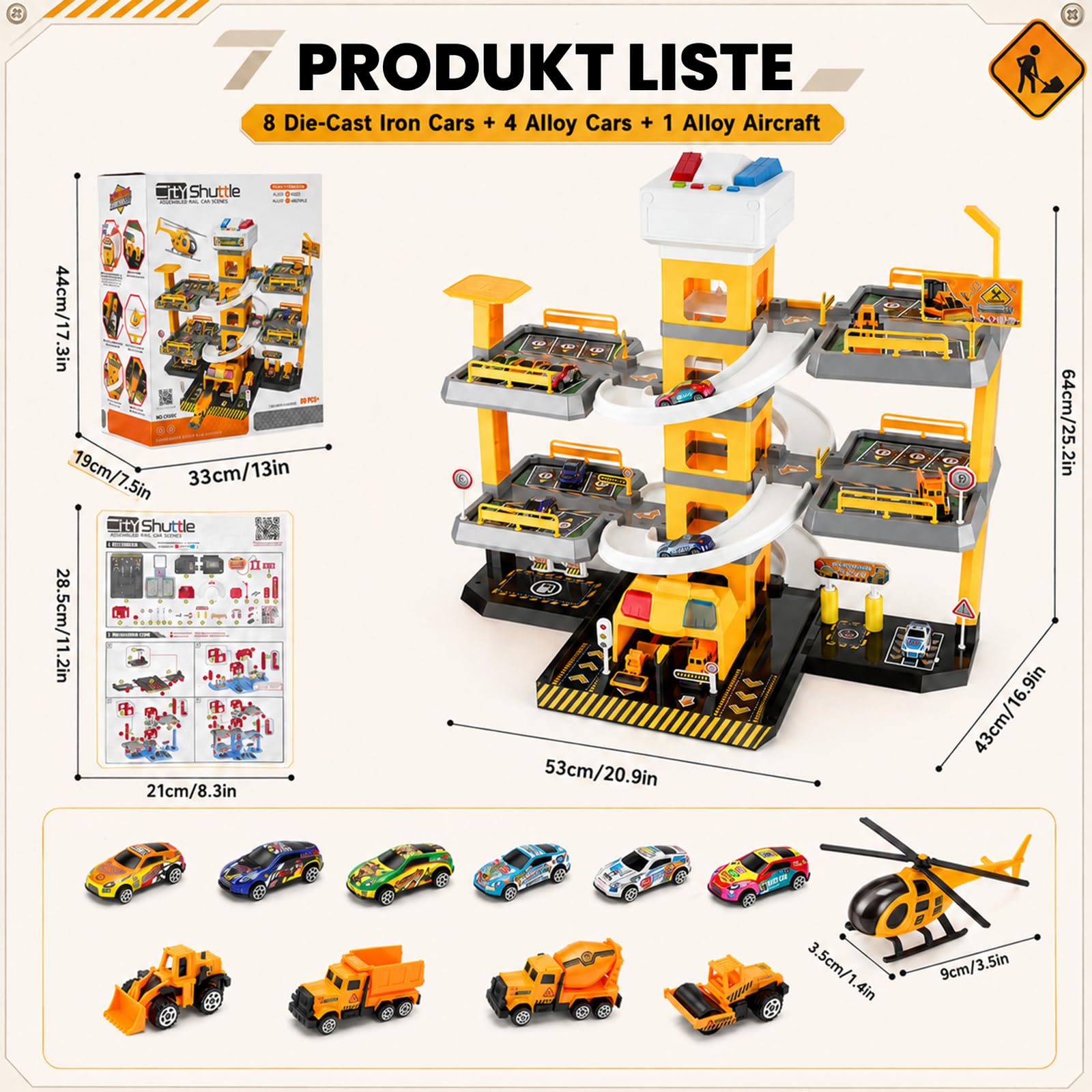Parcheggio per bambini, 5 piani, con 14 auto e 1 elicottero, parcheggio per bambini con ascensore, luce e suono, regalo per bambini dai 5 ai 9 anni